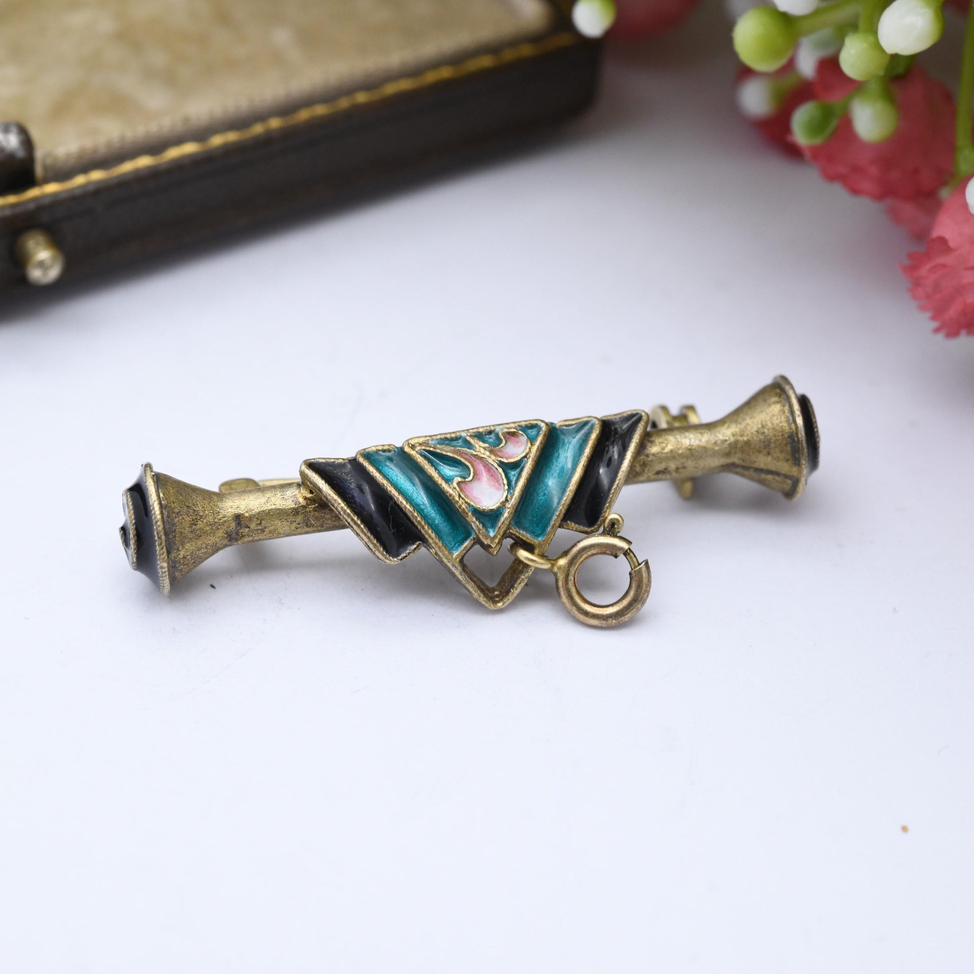 Vintage Enamel Sterling Silver Bar Brooch Pendant Holder Gold Plated - Eastern European Green and Black with Pink Leaves | Cyrillic Hallmark
