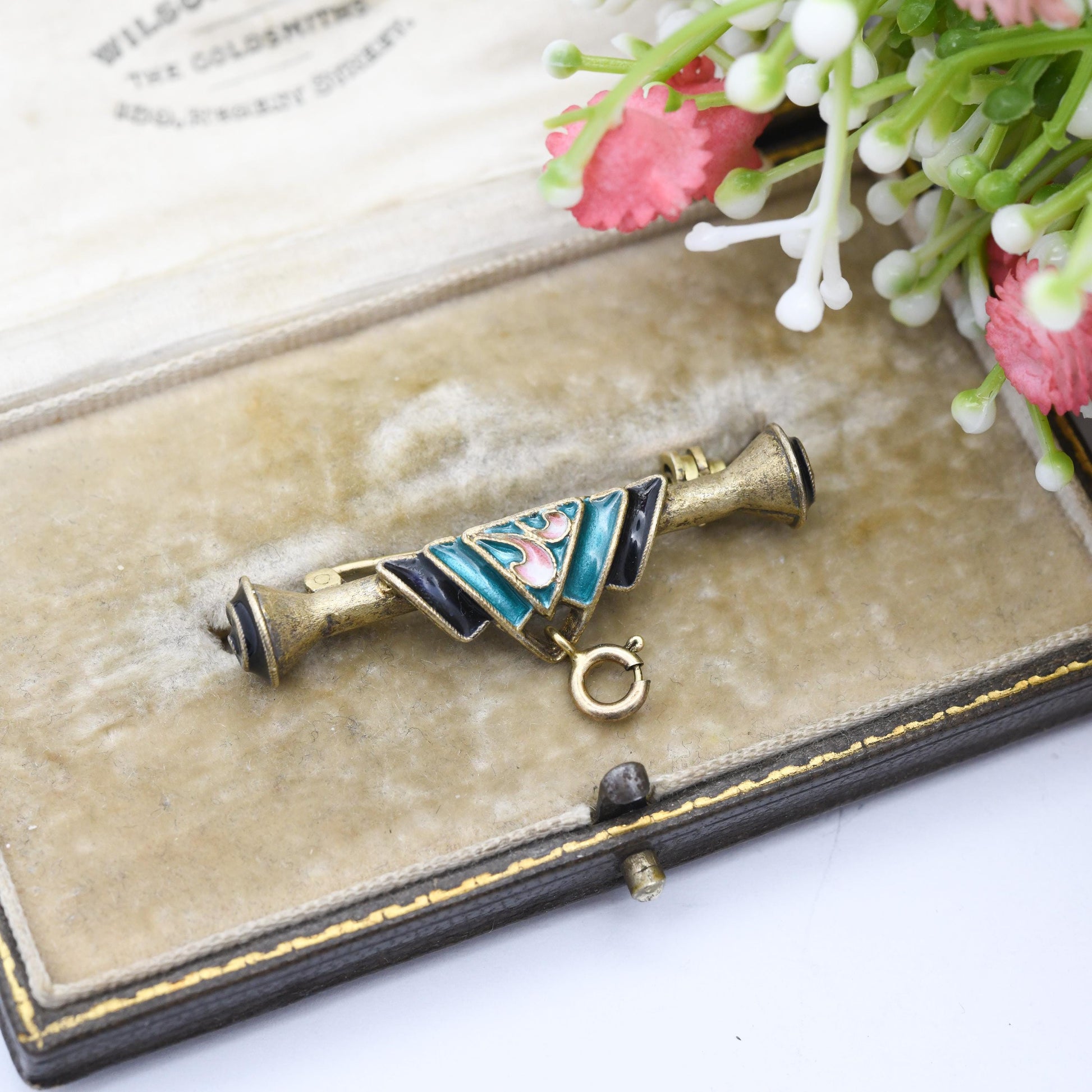 Vintage Enamel Sterling Silver Bar Brooch Pendant Holder Gold Plated - Eastern European Green and Black with Pink Leaves | Cyrillic Hallmark