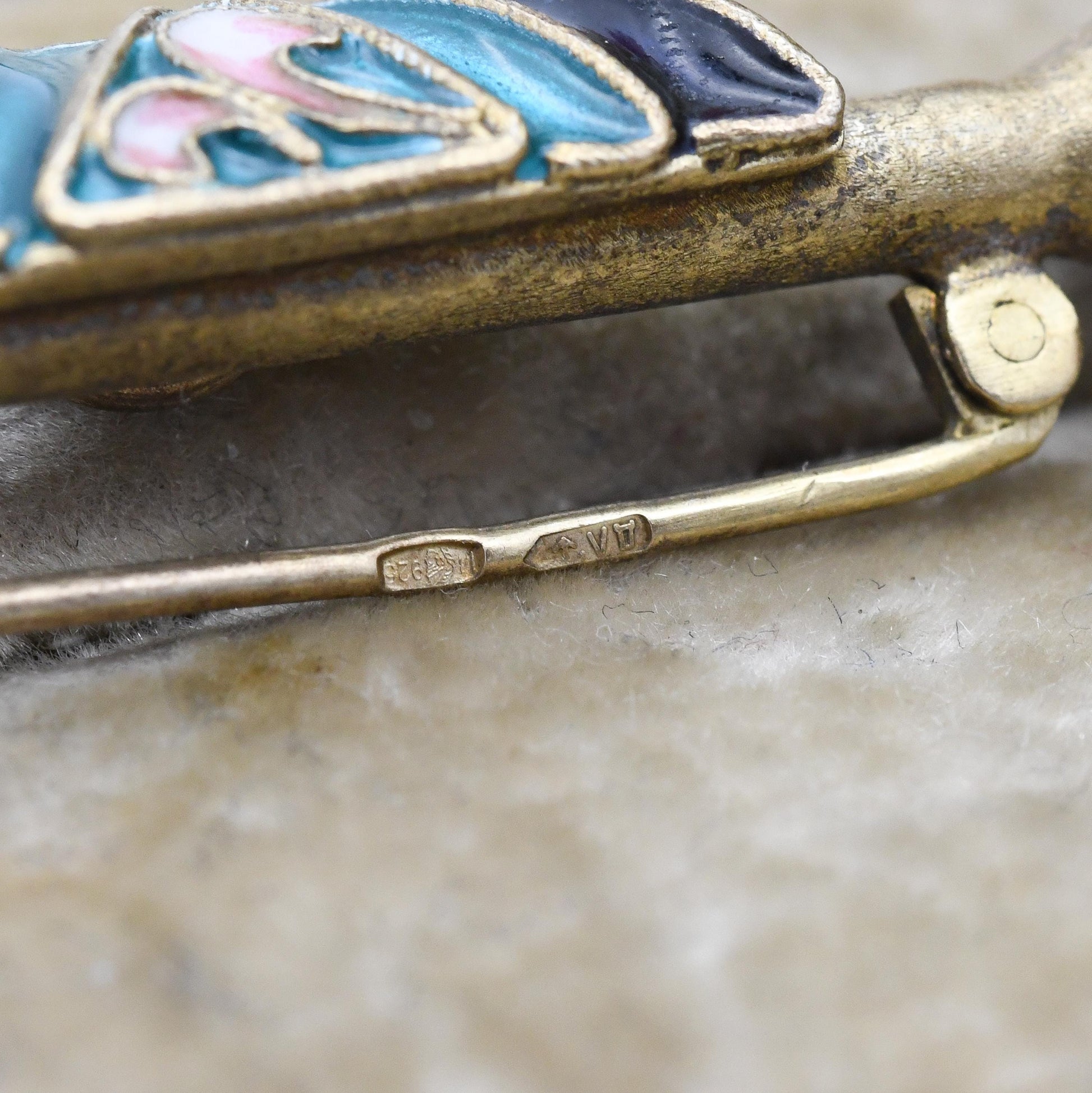Vintage Enamel Sterling Silver Bar Brooch Pendant Holder Gold Plated - Eastern European Green and Black with Pink Leaves | Cyrillic Hallmark