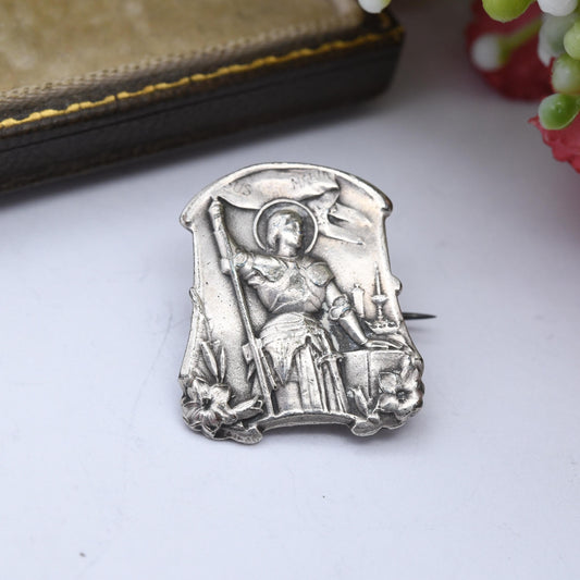 Antique Silver Joan of Arc Brooch c. 1910 - Jeanne D'Arc Patron Saint of France French Art Nouveau Badge