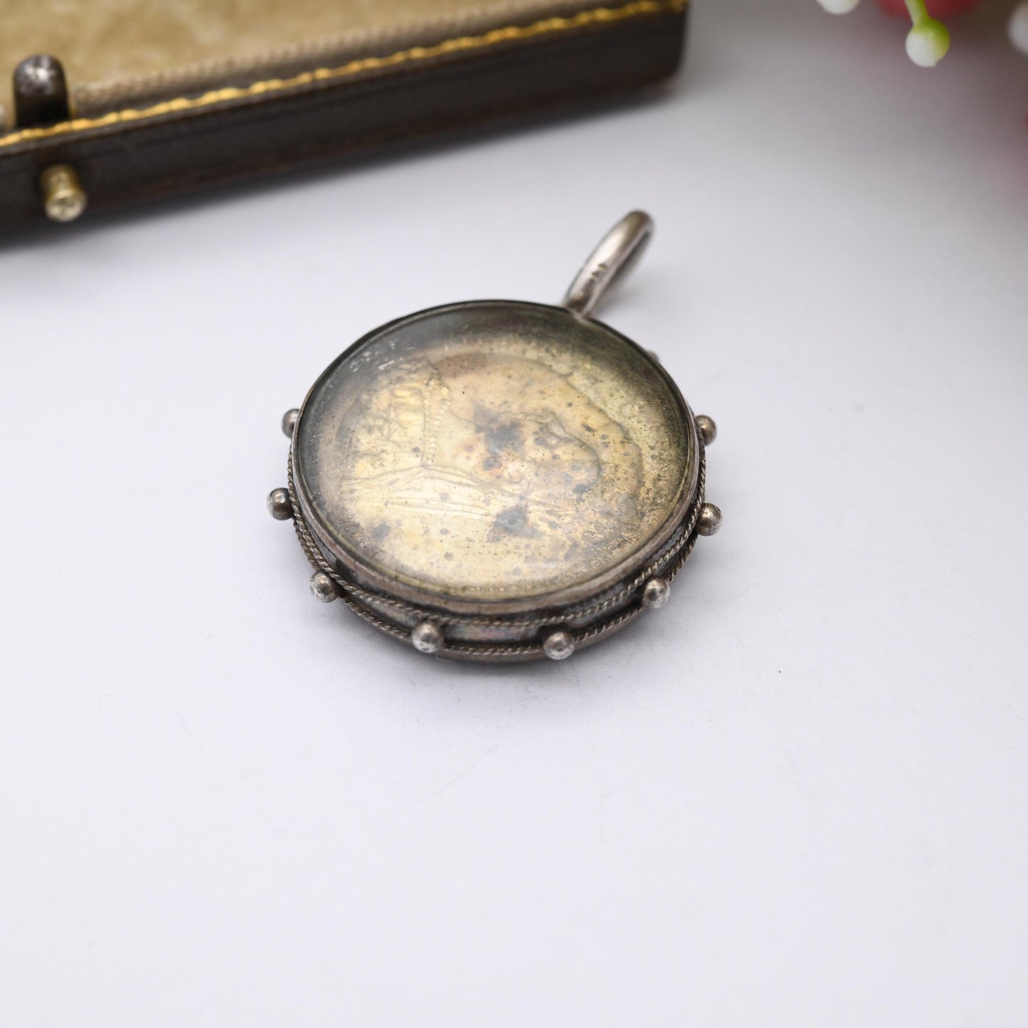 Antique Victorian Silver Coin Fob Pendant 1887 Shilling in Glass Locket Mount 1900 - Rope Twist and Granulated Edges Nautical Style