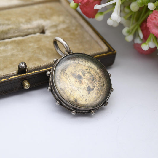 Antique Victorian Silver Coin Fob Pendant 1887 Shilling in Glass Locket Mount 1900 - Rope Twist and Granulated Edges Nautical Style