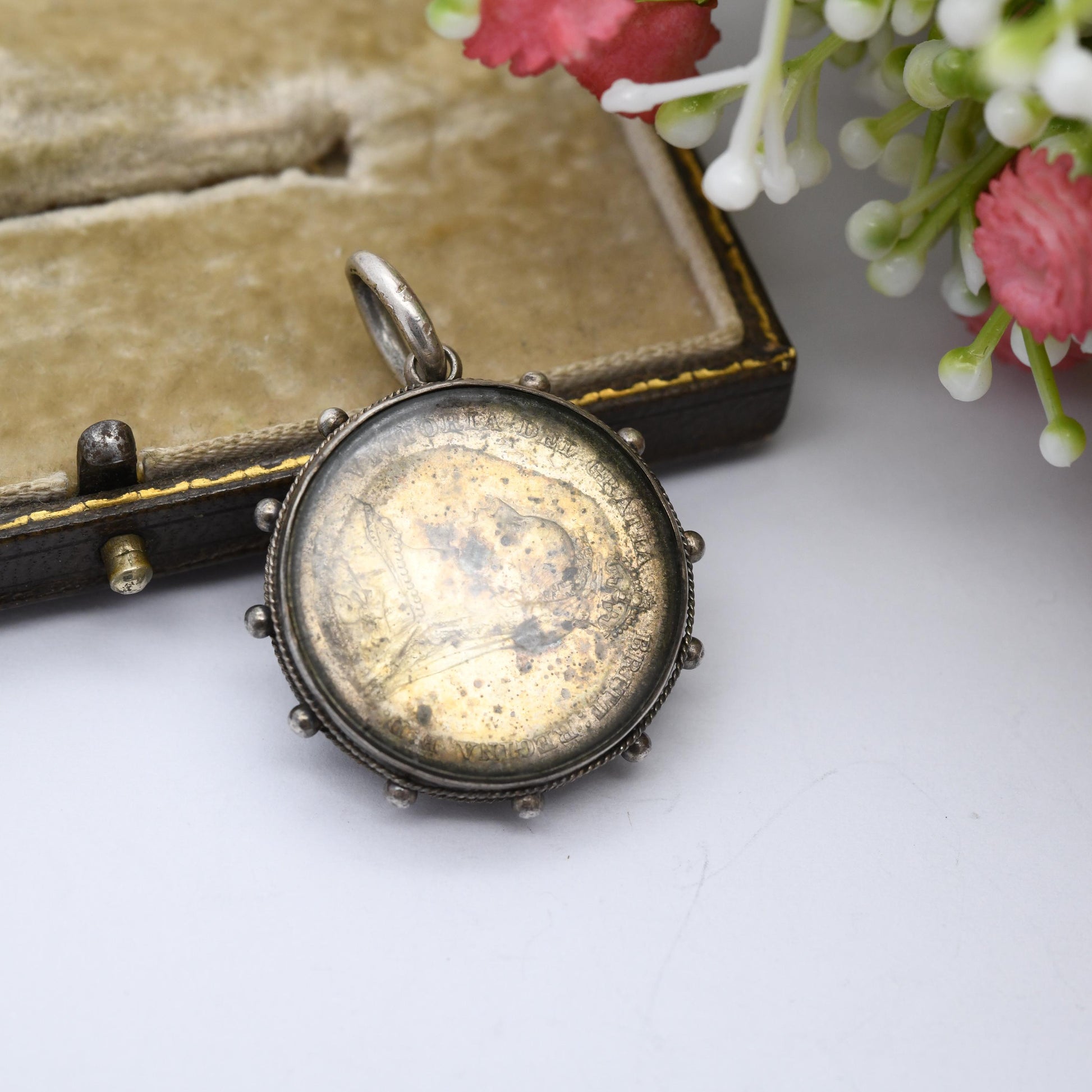 Antique Victorian Silver Coin Fob Pendant 1887 Shilling in Glass Locket Mount 1900 - Rope Twist and Granulated Edges Nautical Style