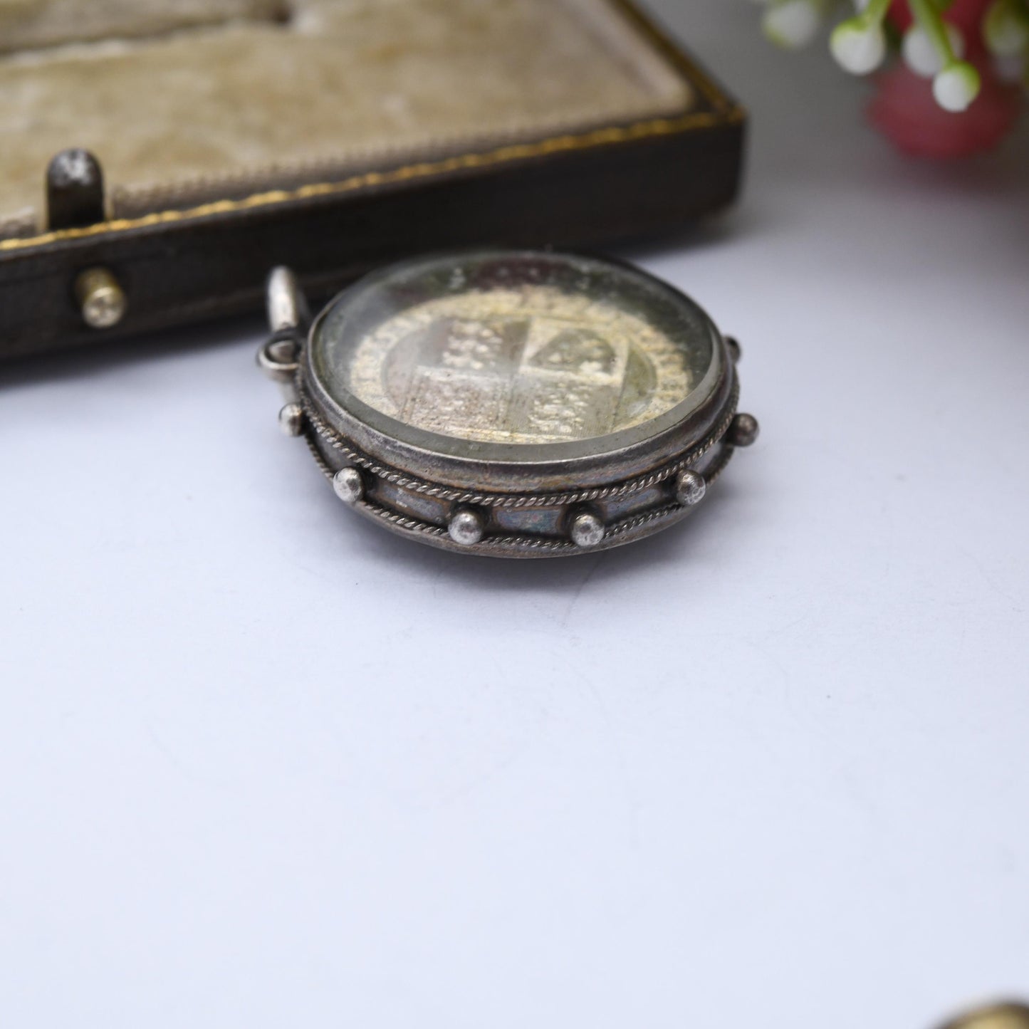 Antique Victorian Silver Coin Fob Pendant 1887 Shilling in Glass Locket Mount 1900 - Rope Twist and Granulated Edges Nautical Style