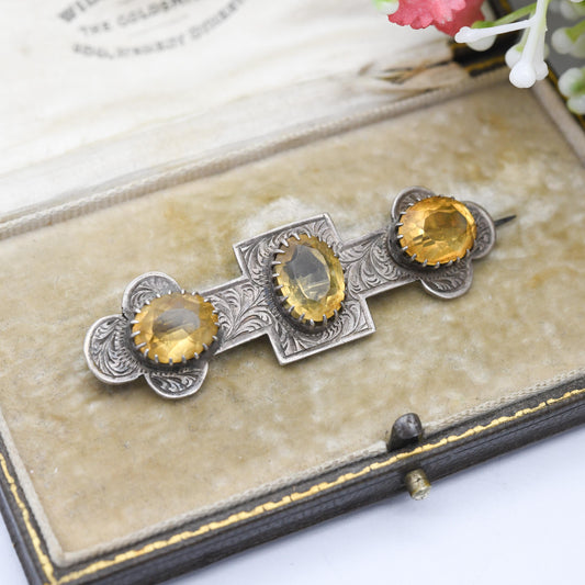 Antique Victorian Sterling Silver Citrine Brooch - Faceted Three Stone Orange Gemstone | Engraved Scrolling | Extended Brooch Pin