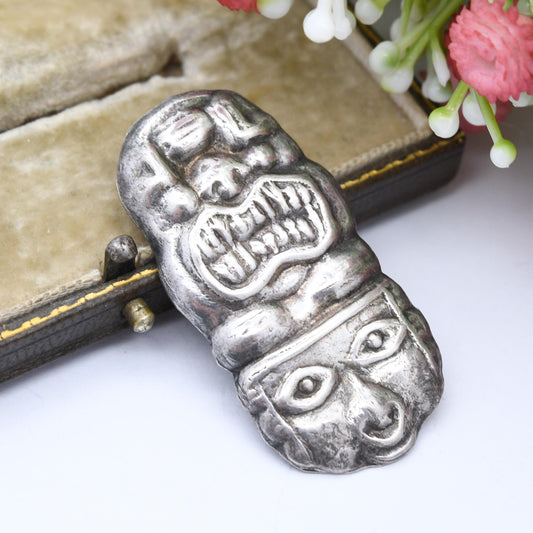 Vintage Silver Tiki Head Totem Pole Brooch - Embossed Faces Pin | Collectable Polynesian Jewellery Design