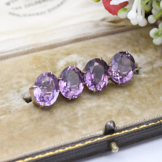 Antique Silver Gilt Amethyst Bar Brooch c. 1900 - Late Victorian Edwardian Era | Faceted Oval Purple Stone | Four Gemstone Row
