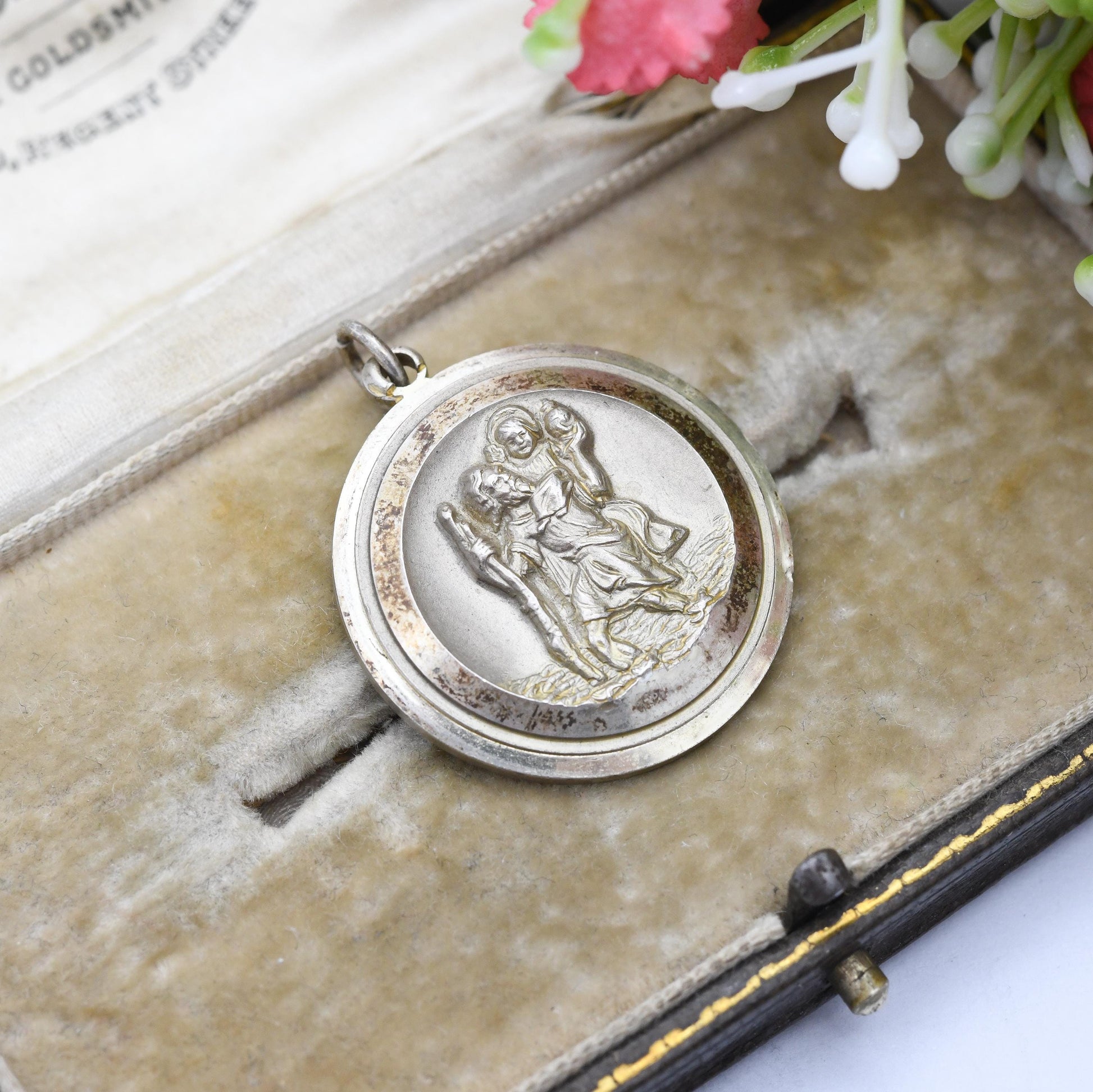 Vintage Georg Jensen Sterling Silver St. Christopher Pendant 1975 - Large Detailed Circle | Entrust Thy Safety to St Christopher Protect Us