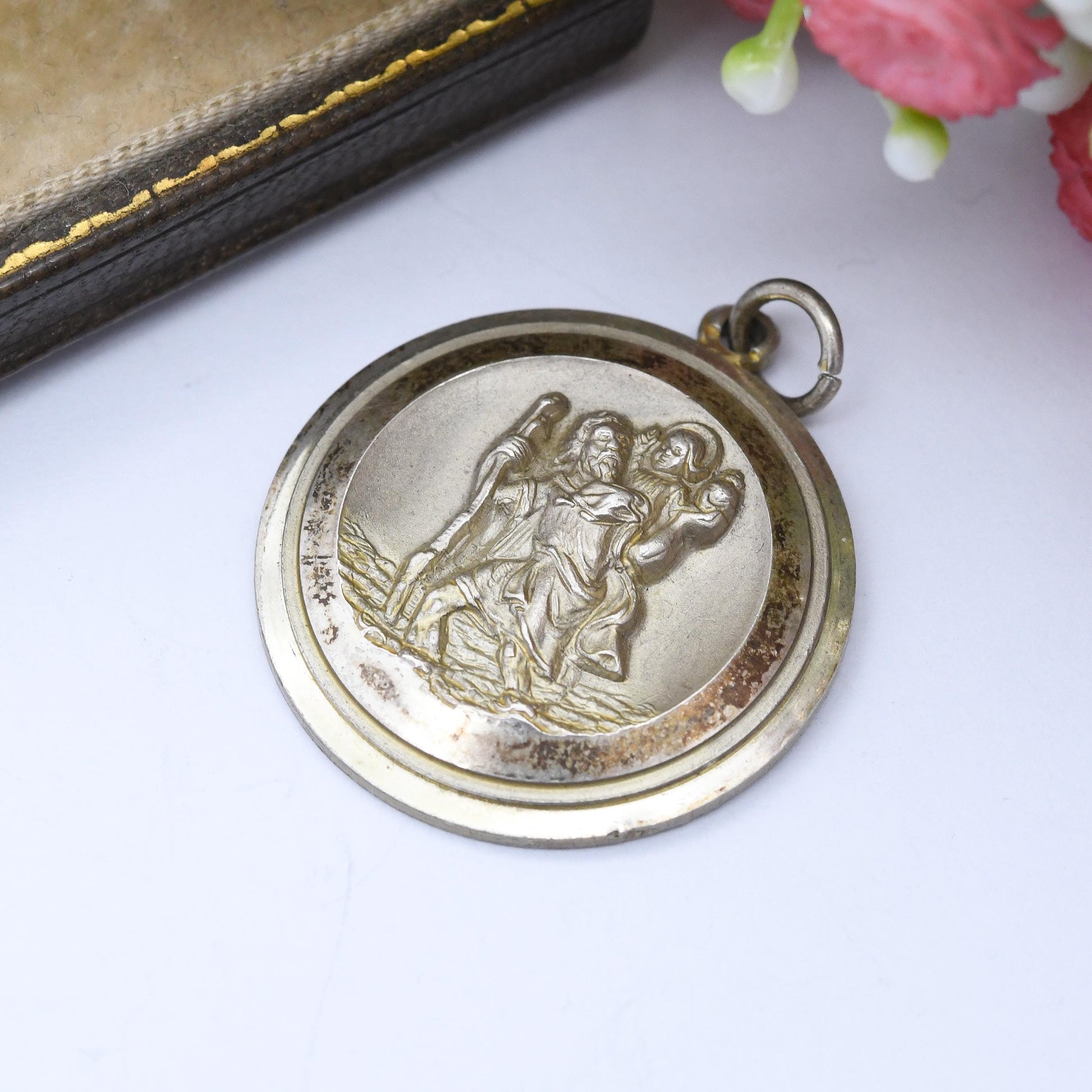 Vintage Georg Jensen Sterling Silver St. Christopher Pendant 1975 - Large Detailed Circle | Entrust Thy Safety to St Christopher Protect Us