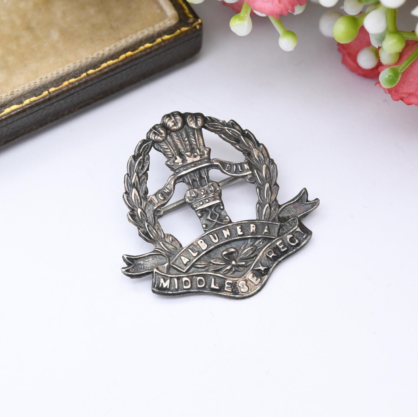 Antique Sterling Silver Middlesex Regiment Sweetheart Brooch Albuhera 1916 - British Army Infantry | Ich Dien Prince of Wales Feathers