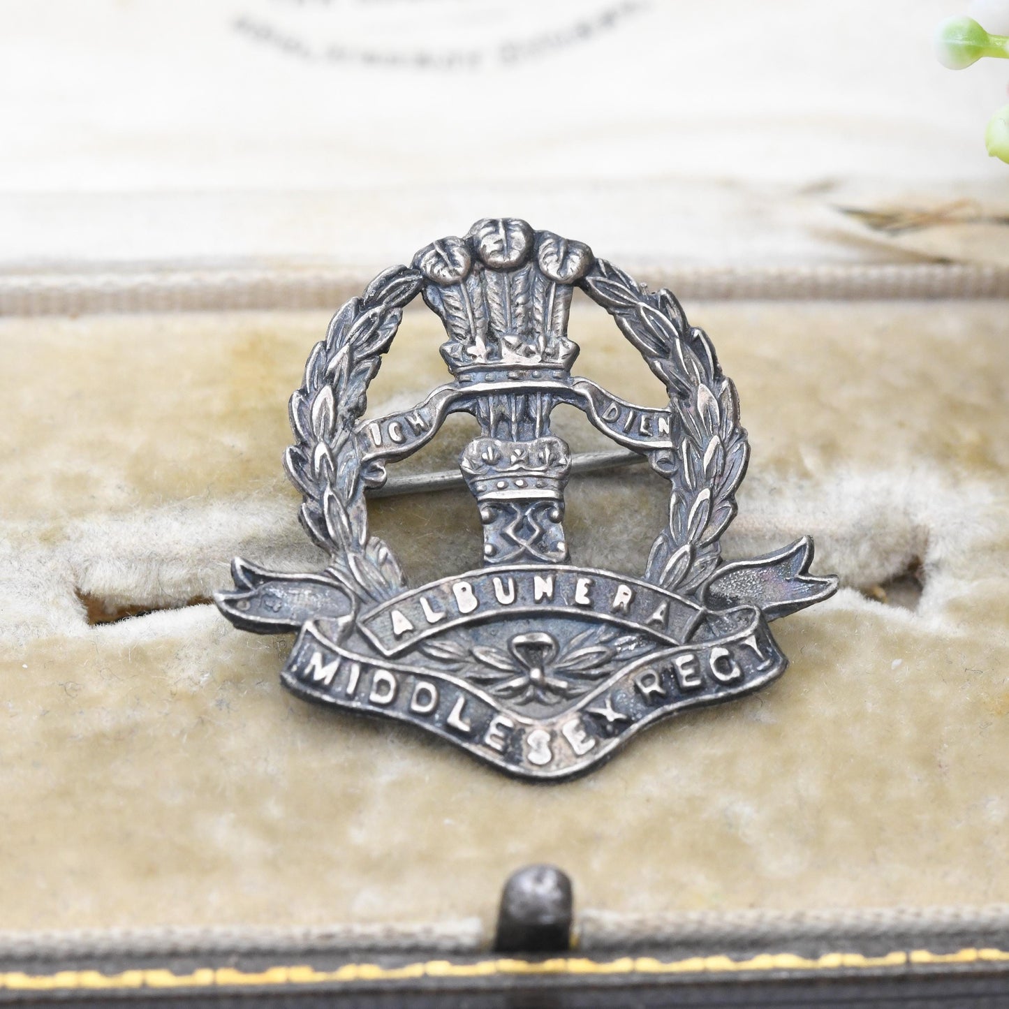 Antique Sterling Silver Middlesex Regiment Sweetheart Brooch Albuhera 1916 - British Army Infantry | Ich Dien Prince of Wales Feathers