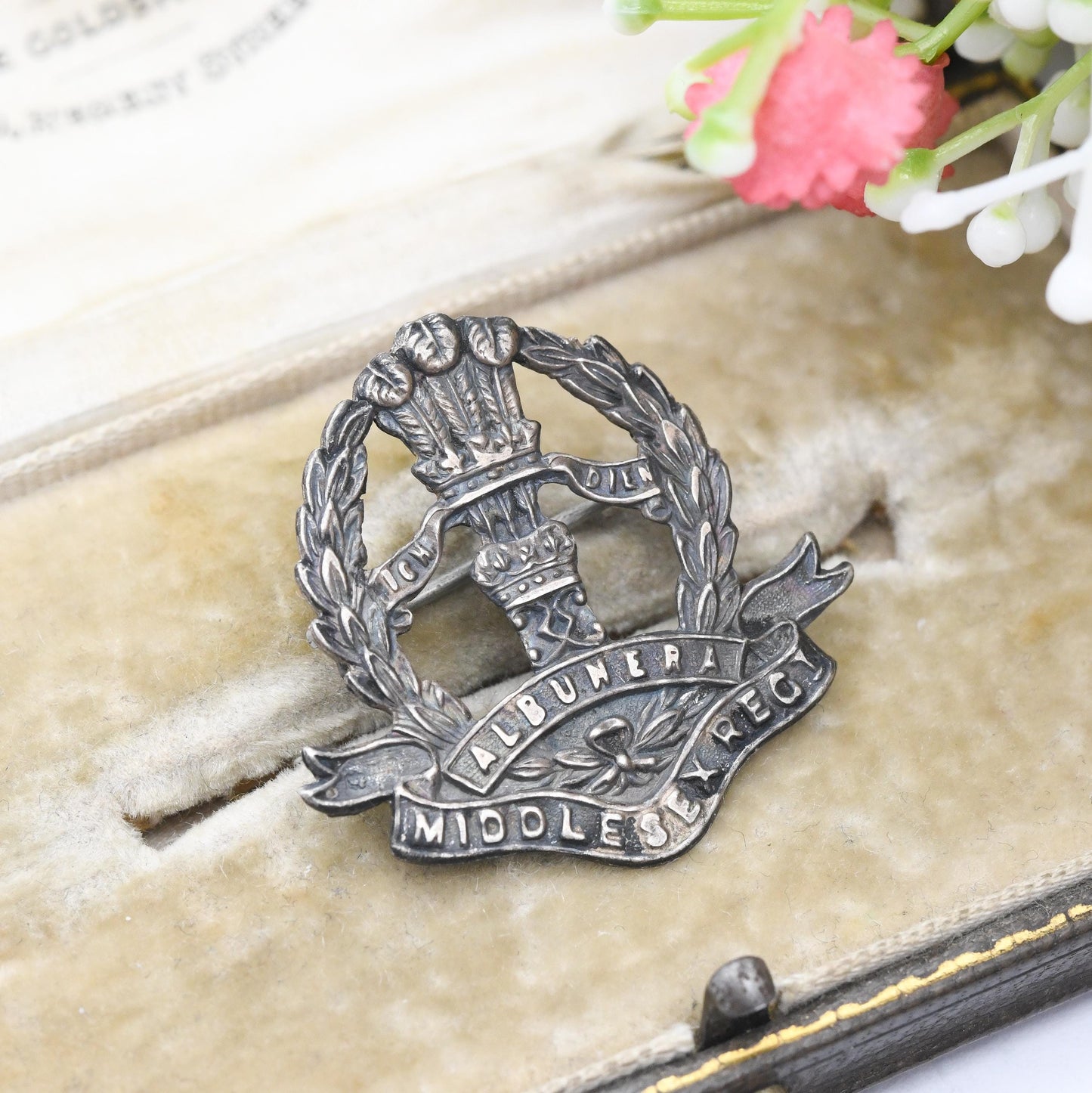 Antique Sterling Silver Middlesex Regiment Sweetheart Brooch Albuhera 1916 - British Army Infantry | Ich Dien Prince of Wales Feathers