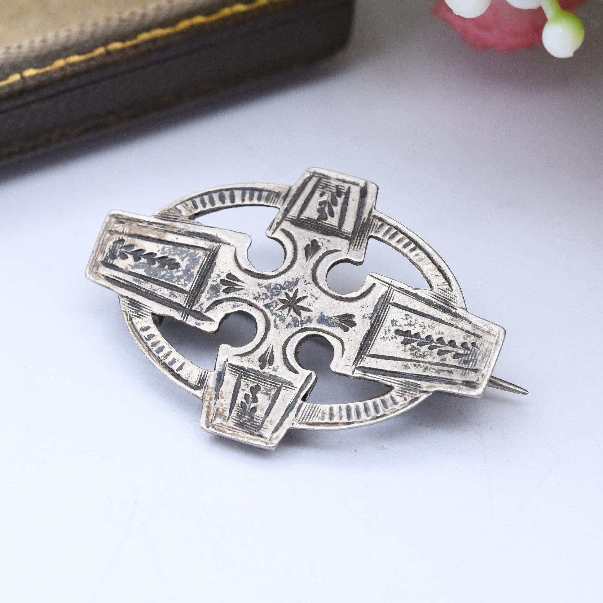 Antique Victorian Sterling Silver Cross Brooch - Small Pin Pretty Hand Engraved Long Cross | Extended Pin