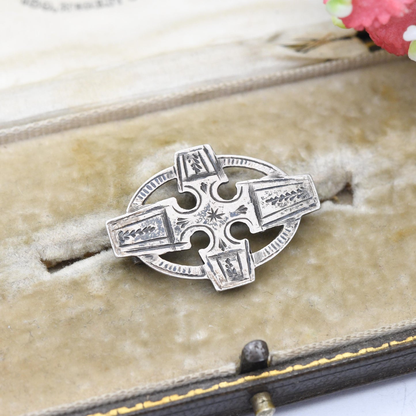 Antique Victorian Sterling Silver Cross Brooch - Small Pin Pretty Hand Engraved Long Cross | Extended Pin