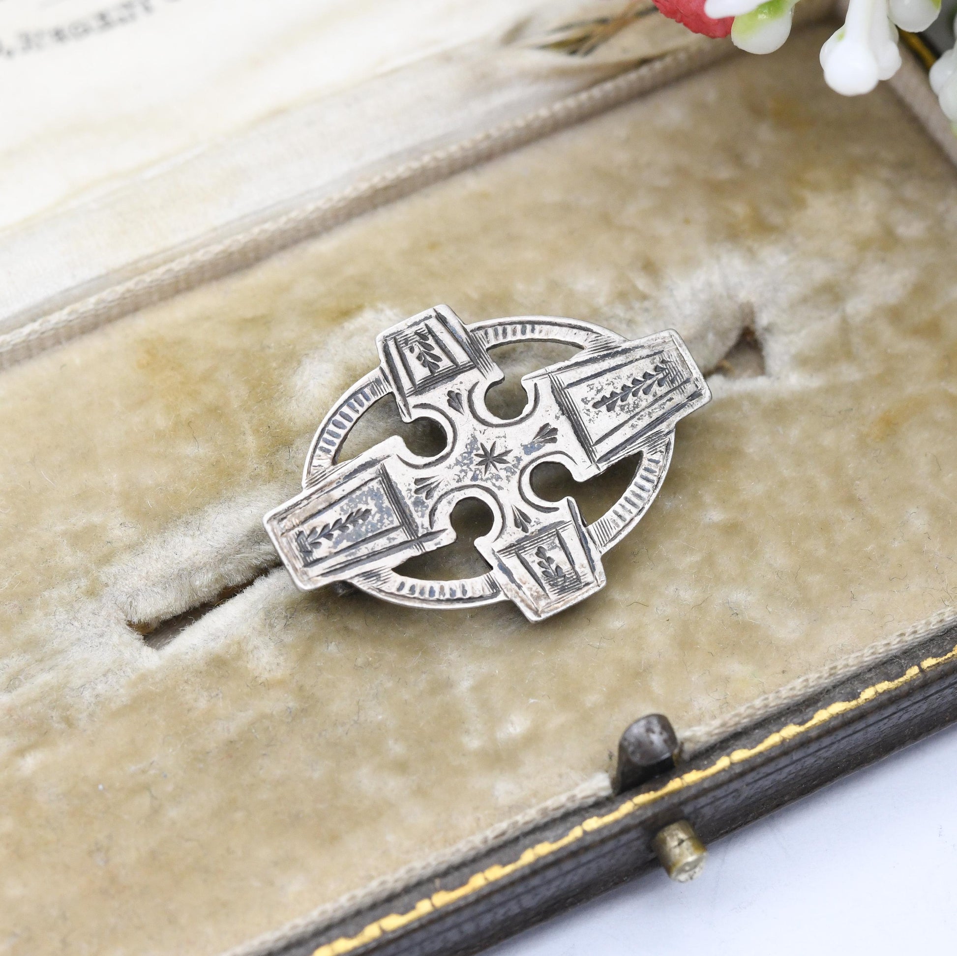 Antique Victorian Sterling Silver Cross Brooch - Small Pin Pretty Hand Engraved Long Cross | Extended Pin