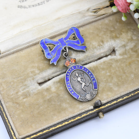 Antique Royal Corps of Signals Sweetheart Brooch Sterling Silver - Blue Enamel | British Army Collectable Memorabilia
