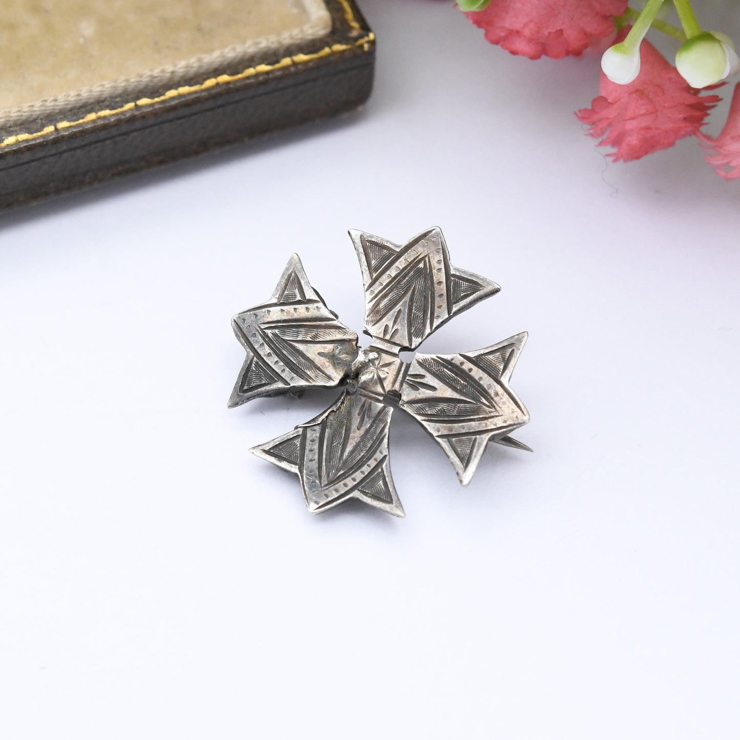 Antique Victorian Sterling Silver Square Cross Brooch - Small Pin Pretty Hand Engraved Design | Extended Pin