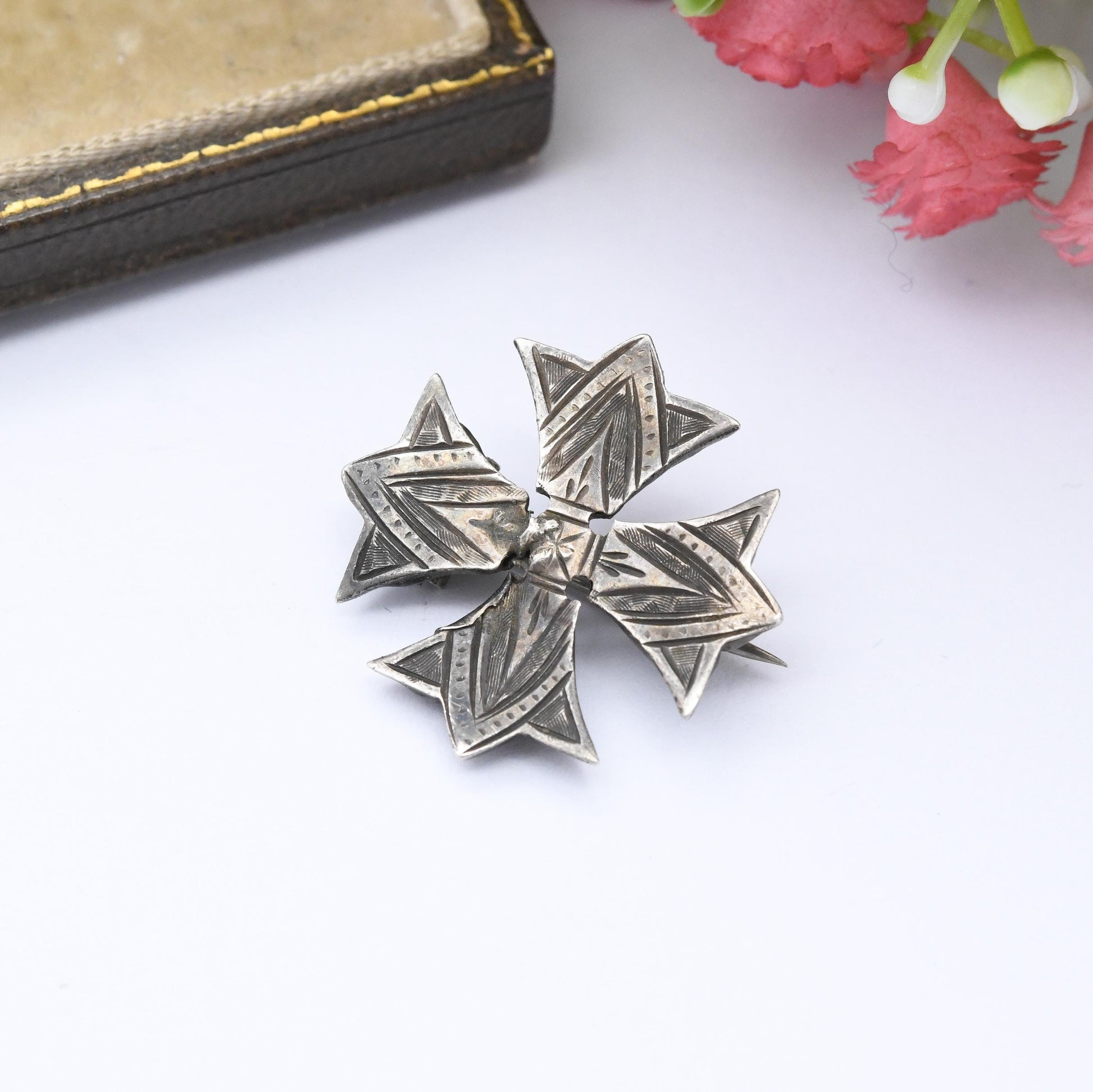 Antique Victorian Sterling Silver Square Cross Brooch - Small Pin Pretty Hand Engraved Design | Extended Pin