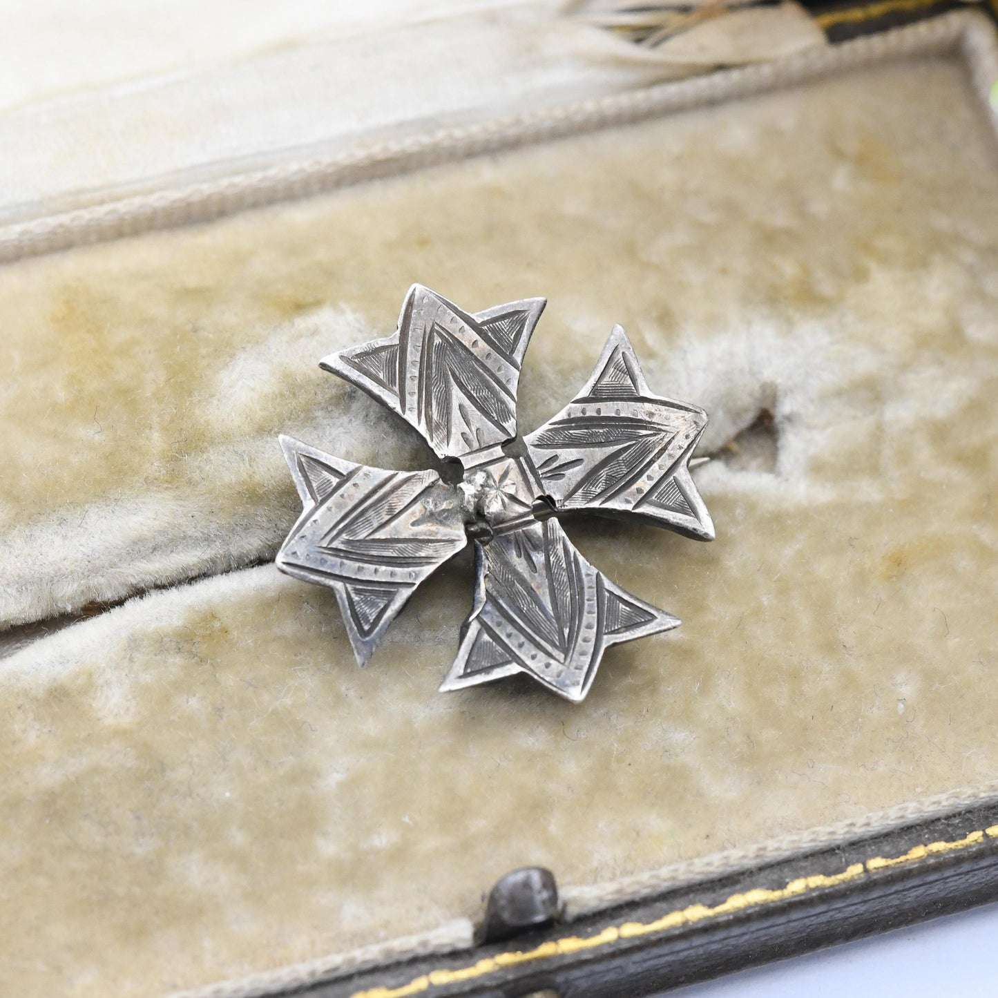 Antique Victorian Sterling Silver Square Cross Brooch - Small Pin Pretty Hand Engraved Design | Extended Pin