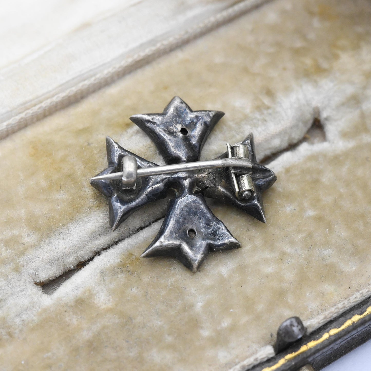 Antique Victorian Sterling Silver Square Cross Brooch - Small Pin Pretty Hand Engraved Design | Extended Pin