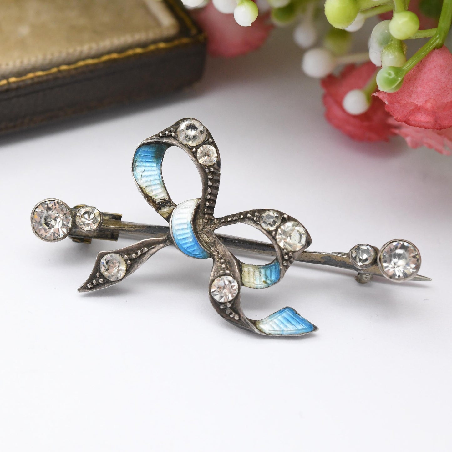 Antique European Silver Enamel Paste Bow Brooch - Blue White Ribbons | Edwardian Era Pretty Jewellery Gift for Her | Bar Brooch