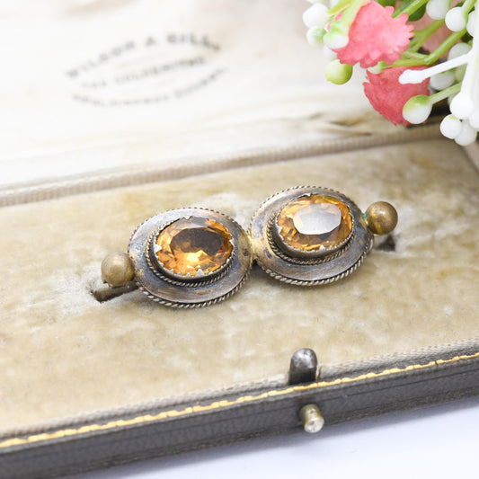 Antique Victorian Citrine Brooch Sterling Silver and Brass - Etruscan Revival Rope Twist and Ball Design