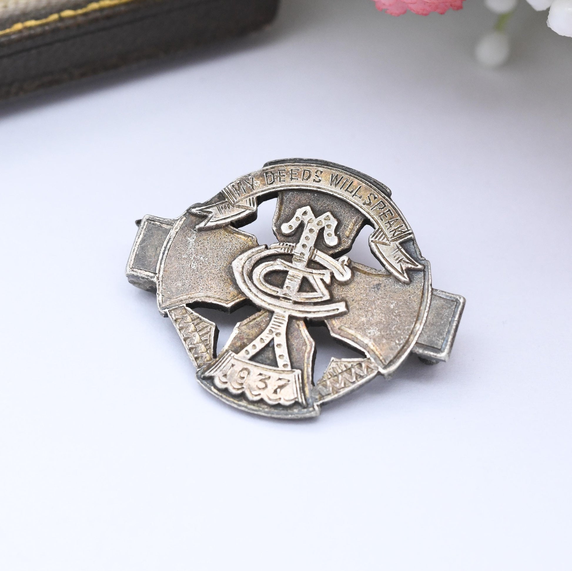 Vintage Sterling Silver Monogram Brooch 1937 My Deeds will Speak - Engraved Collectable Badge | Lord Alfred Tennyson Poem Quote