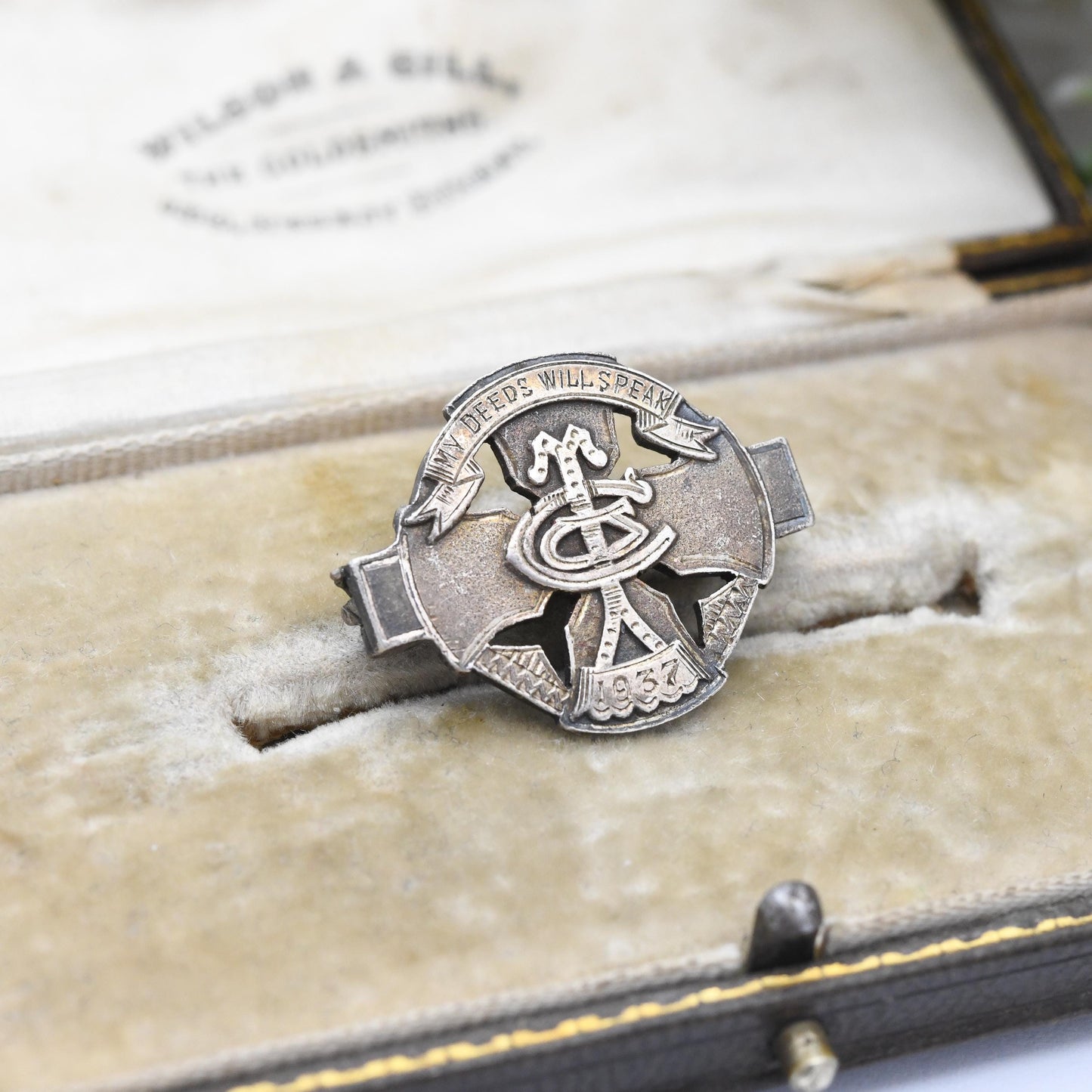 Vintage Sterling Silver Monogram Brooch 1937 My Deeds will Speak - Engraved Collectable Badge | Lord Alfred Tennyson Poem Quote