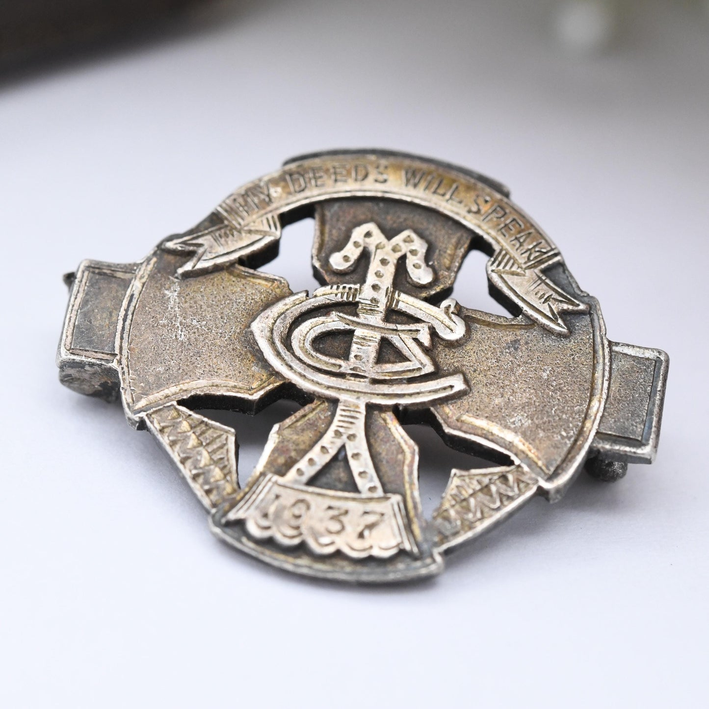 Vintage Sterling Silver Monogram Brooch 1937 My Deeds will Speak - Engraved Collectable Badge | Lord Alfred Tennyson Poem Quote