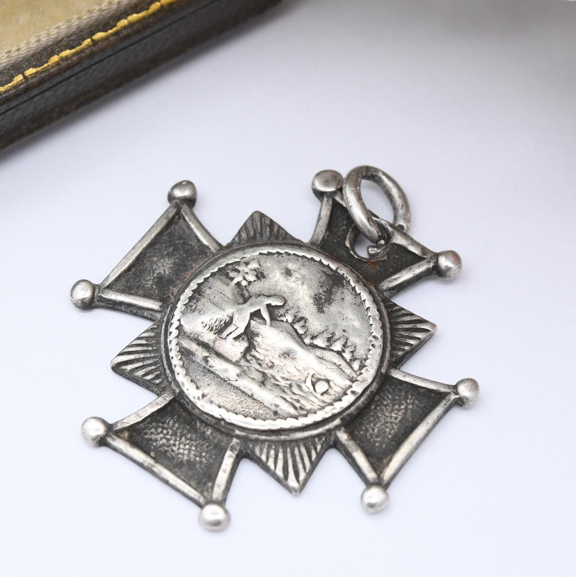 Antique Victorian Sterling Silver Watch Fob 1889 Square Cross with Lake Swimming Scene