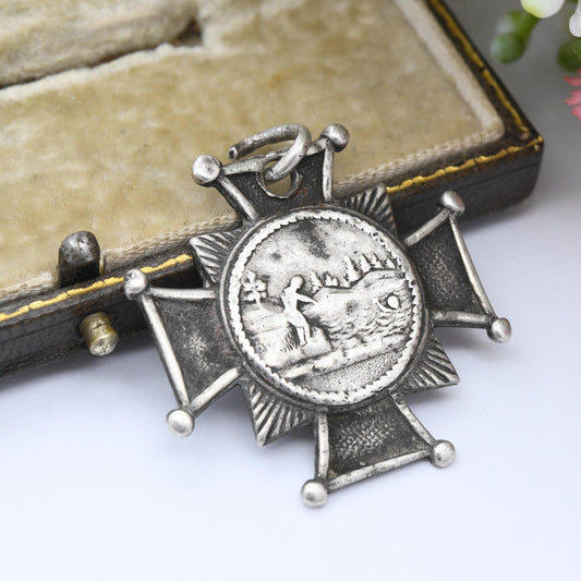 Antique Victorian Sterling Silver Watch Fob 1889 Square Cross with Lake Swimming Scene