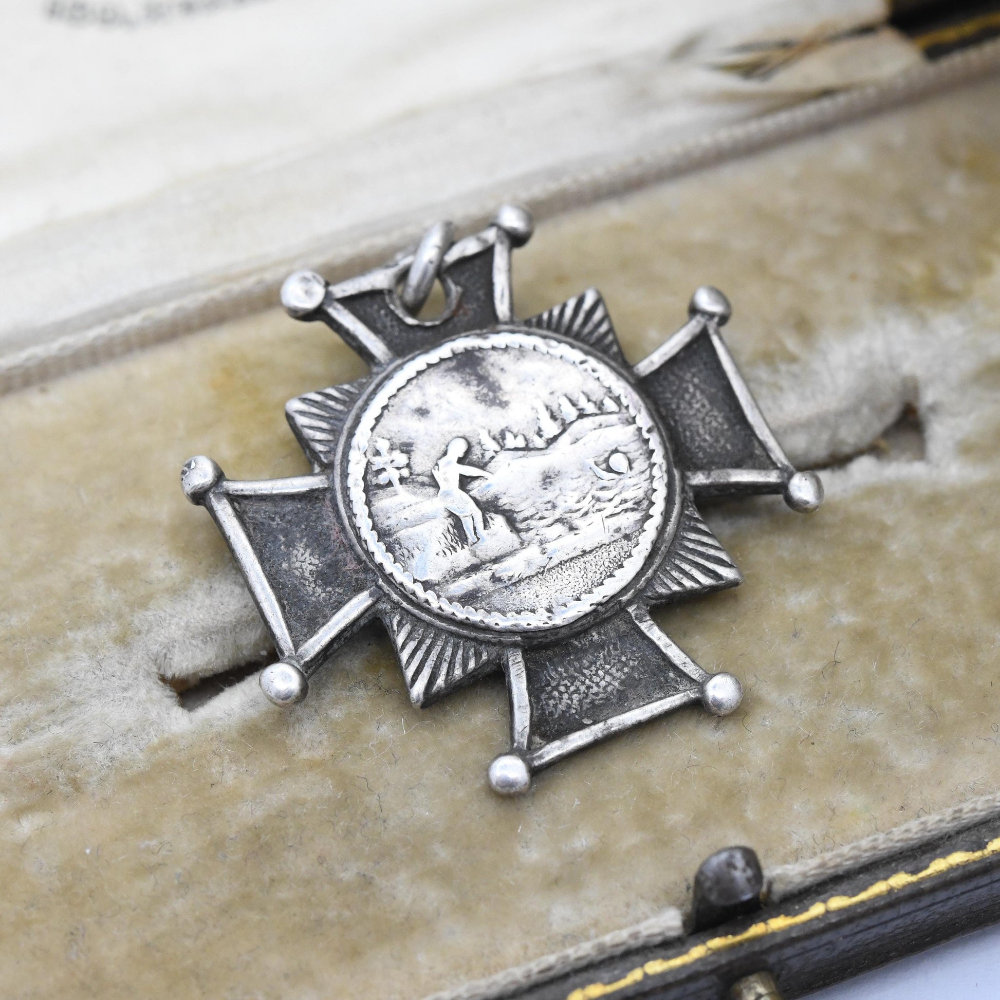 Antique Victorian Sterling Silver Watch Fob 1889 Square Cross with Lake Swimming Scene