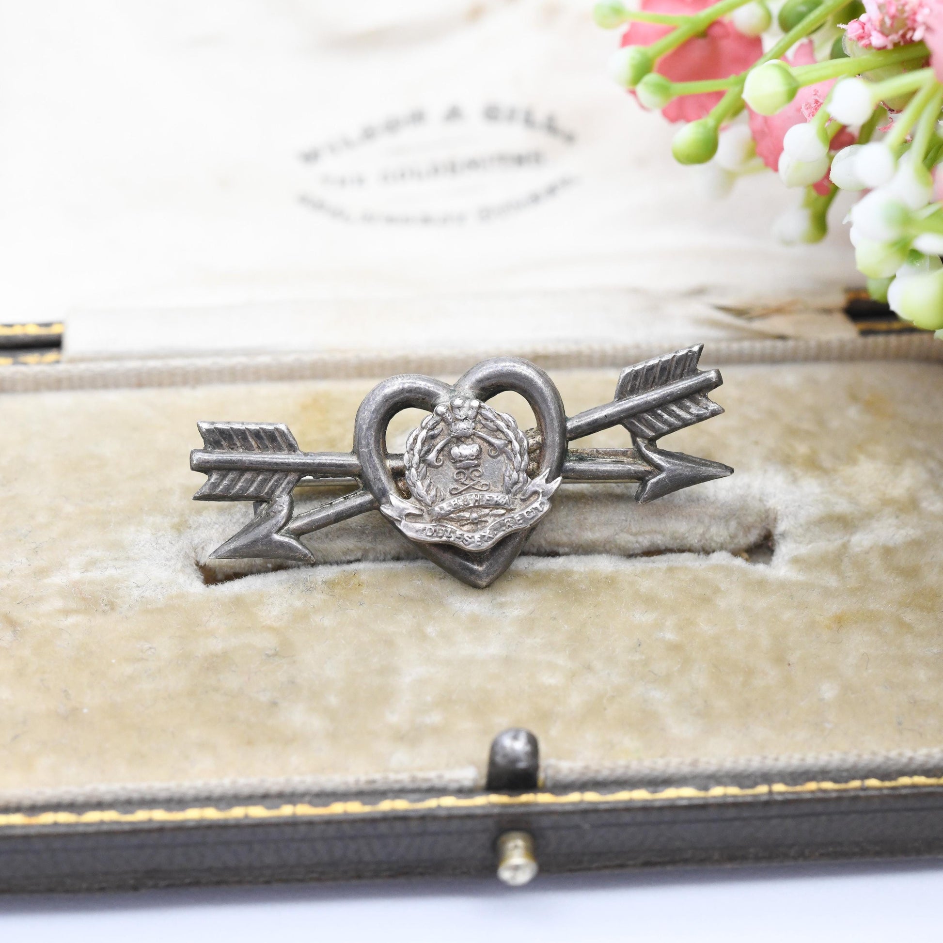 Antique Sterling Silver Middlesex Regiment Sweetheart Brooch Albuhera 1916 - British Army Infantry | Crossed Arrows Through Love Heart