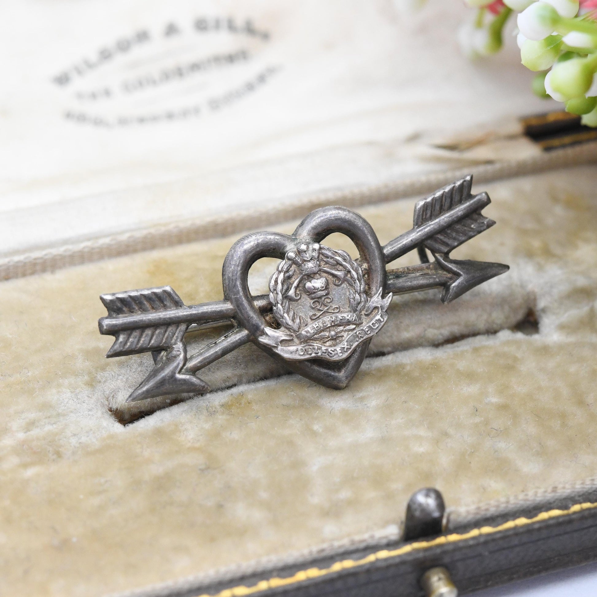 Antique Sterling Silver Middlesex Regiment Sweetheart Brooch Albuhera 1916 - British Army Infantry | Crossed Arrows Through Love Heart