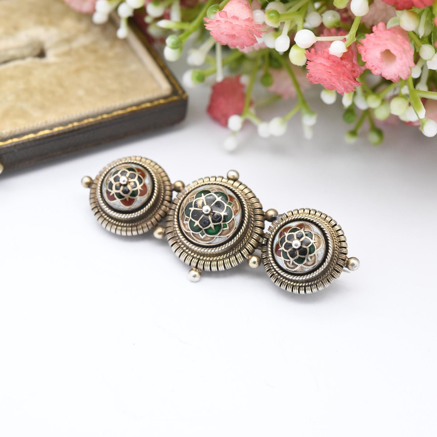 Antique Norwegian Silver Champlevé Enamel Brooch c. 1910s - Three Ball Bar Brooch Ornate Detail Edwardian Era Scandinavian Silver Jewellery