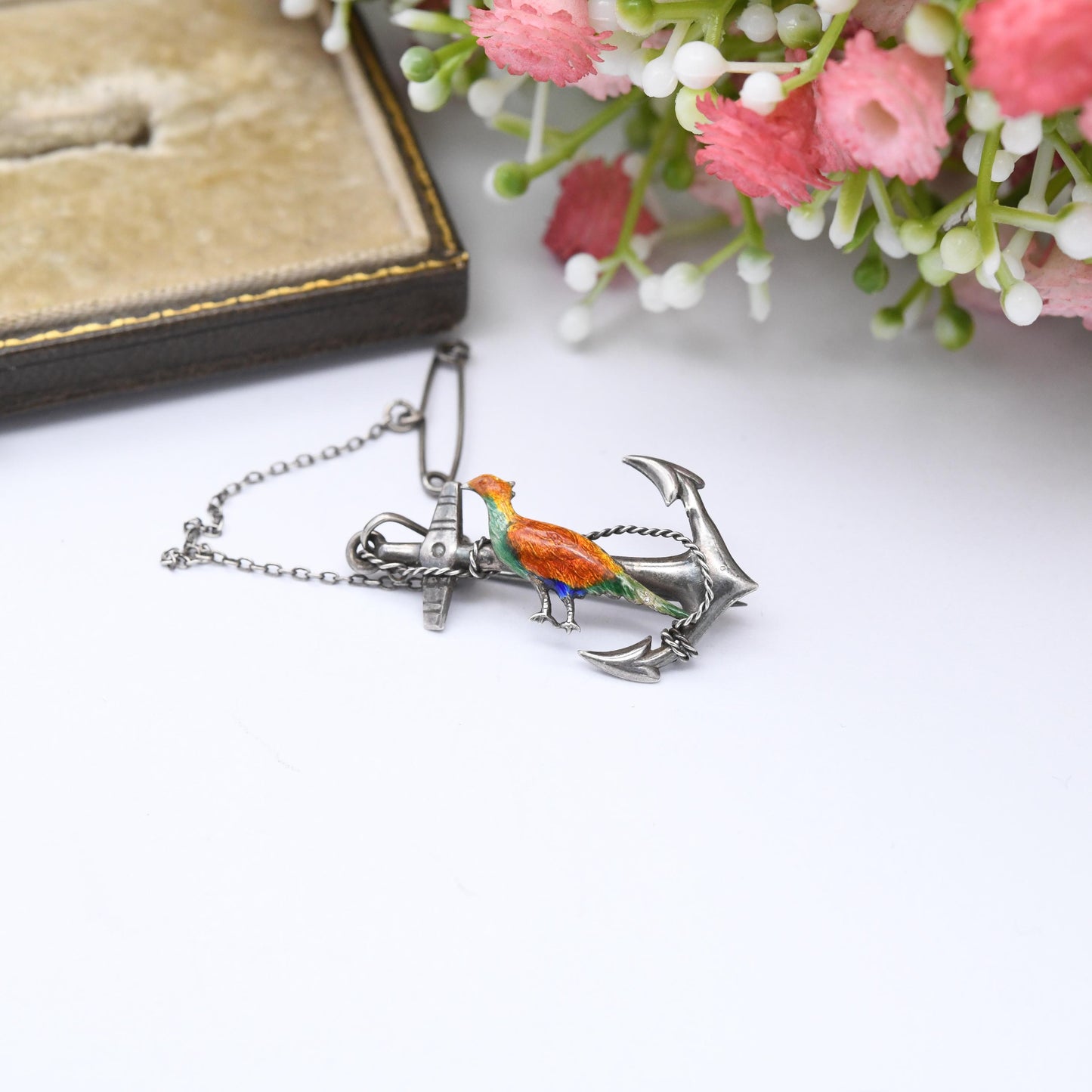 Antique Enamel Pheasant and Anchor Brooch Sterling Silver - Colourful Painted Bird with Hope's Anchor | Victorian Edwardian Era c. 1900