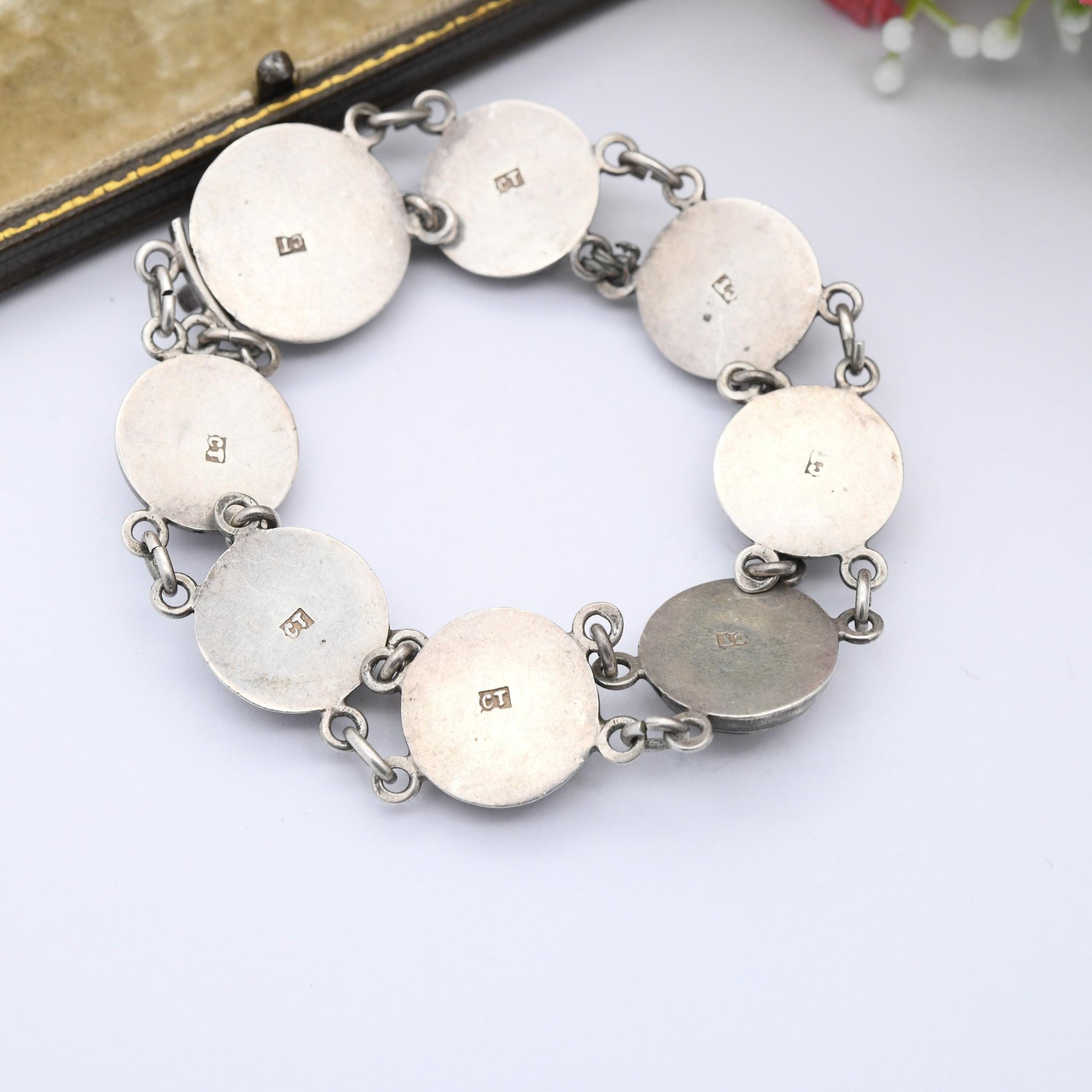 Antique Silver Niello Turquoise Bracelet Caucus Region Souvenir - Domed Panels | Box Slide Clasp | Eastern European Cyrillic Letters CT