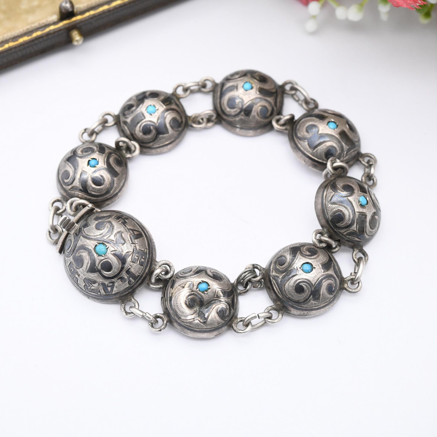 Antique Silver Niello Turquoise Bracelet Caucus Region Souvenir - Domed Panels | Box Slide Clasp | Eastern European Cyrillic Letters CT