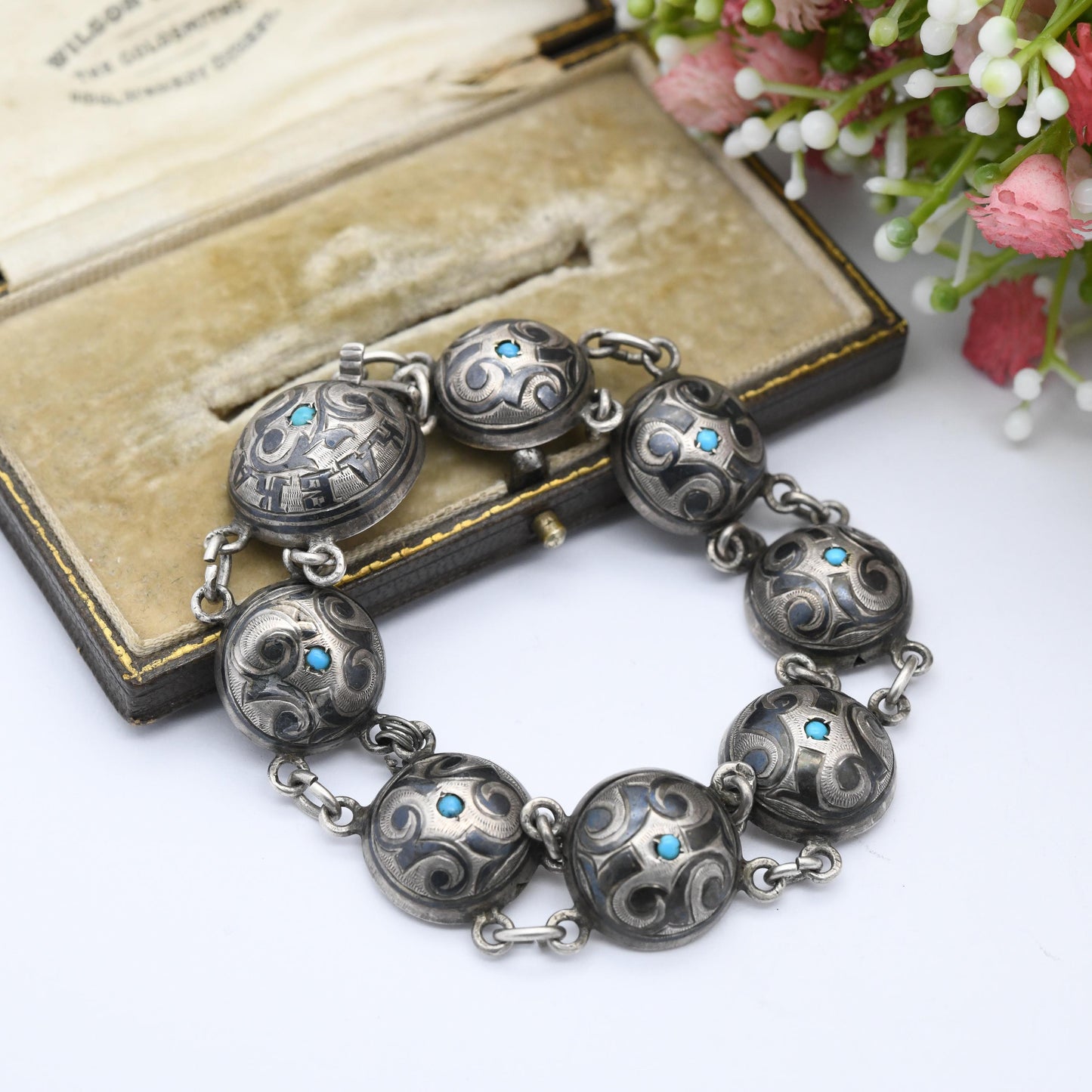 Antique Silver Niello Turquoise Bracelet Caucus Region Souvenir - Domed Panels | Box Slide Clasp | Eastern European Cyrillic Letters CT