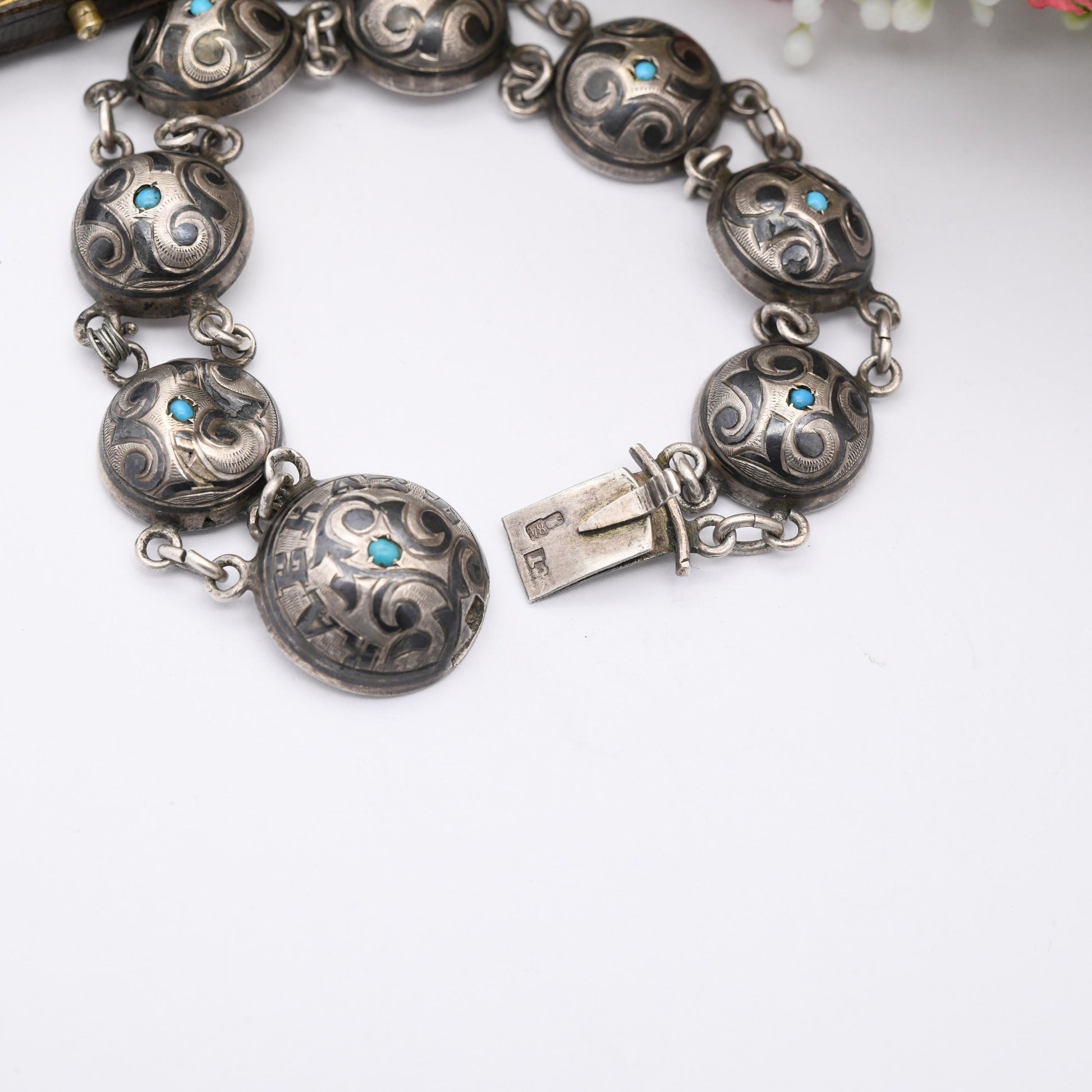 Antique Silver Niello Turquoise Bracelet Caucus Region Souvenir - Domed Panels | Box Slide Clasp | Eastern European Cyrillic Letters CT