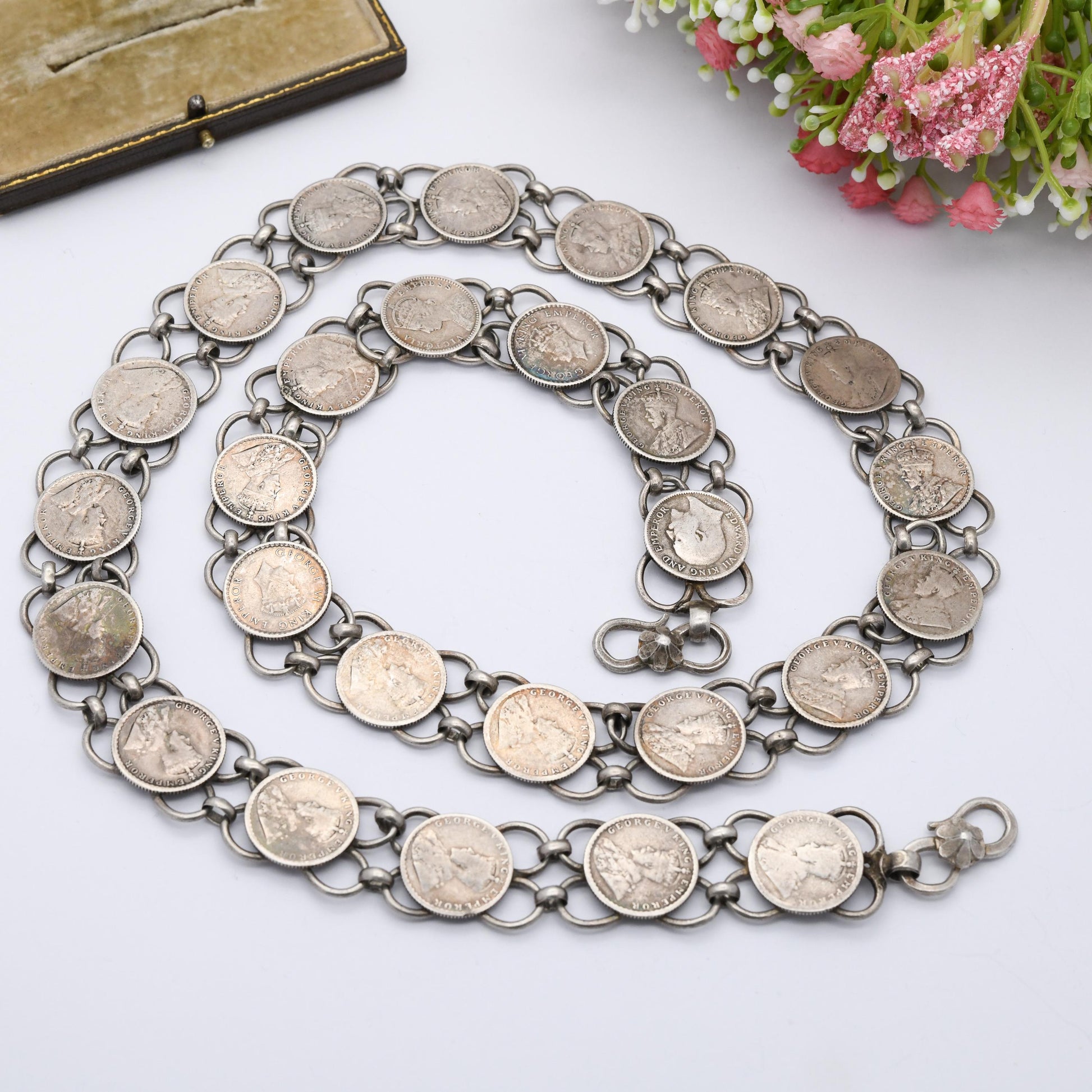 Vintage Silver 1/4 Rupee Coin Belt 85cm 33.5" - 1800s Queen Victoria to 1940s King George VI