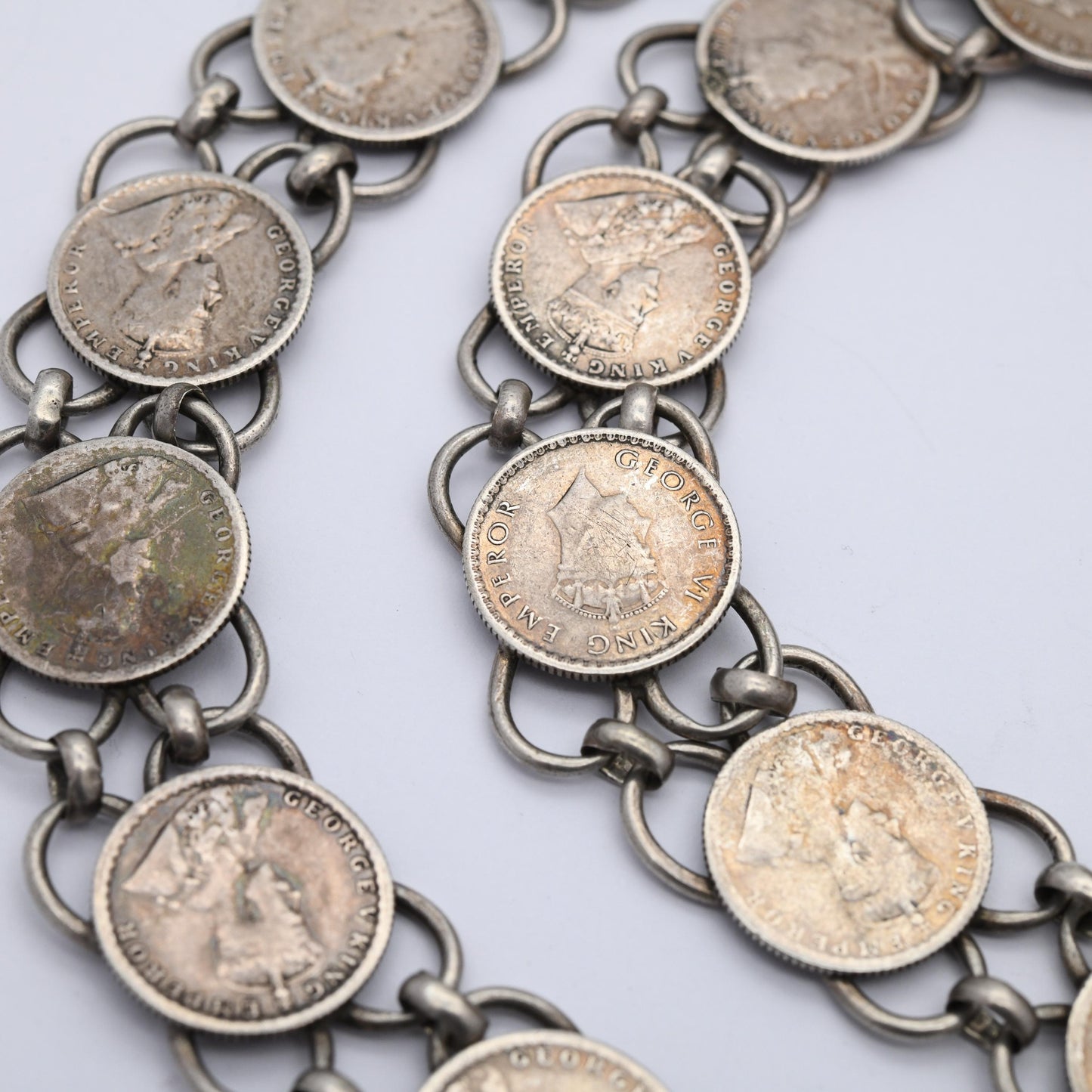 Vintage Silver 1/4 Rupee Coin Belt 85cm 33.5" - 1800s Queen Victoria to 1940s King George VI