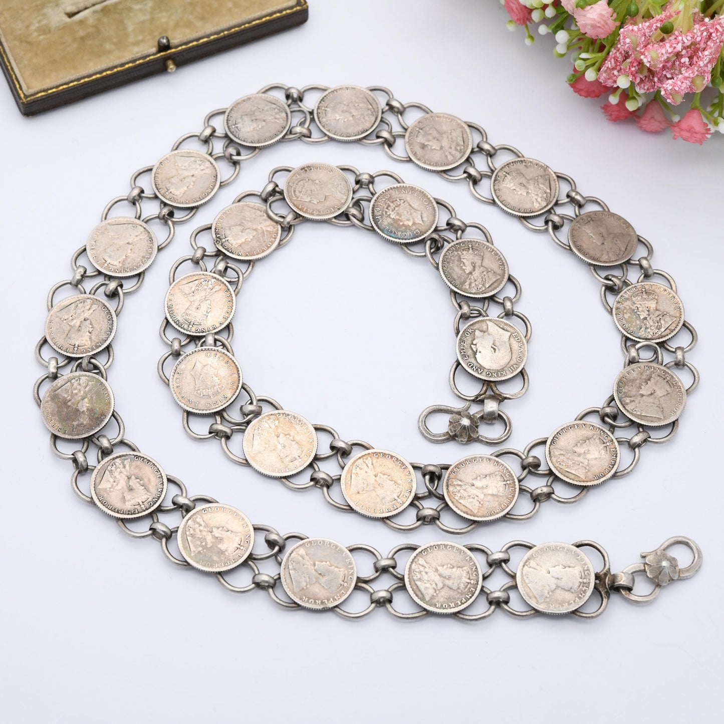 Vintage Silver 1/4 Rupee Coin Belt 85cm 33.5" - 1800s Queen Victoria to 1940s King George VI