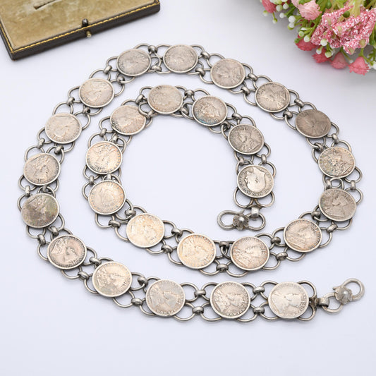 Vintage Silver 1/4 Rupee Coin Belt 85cm 33.5" - 1800s Queen Victoria to 1940s King George VI