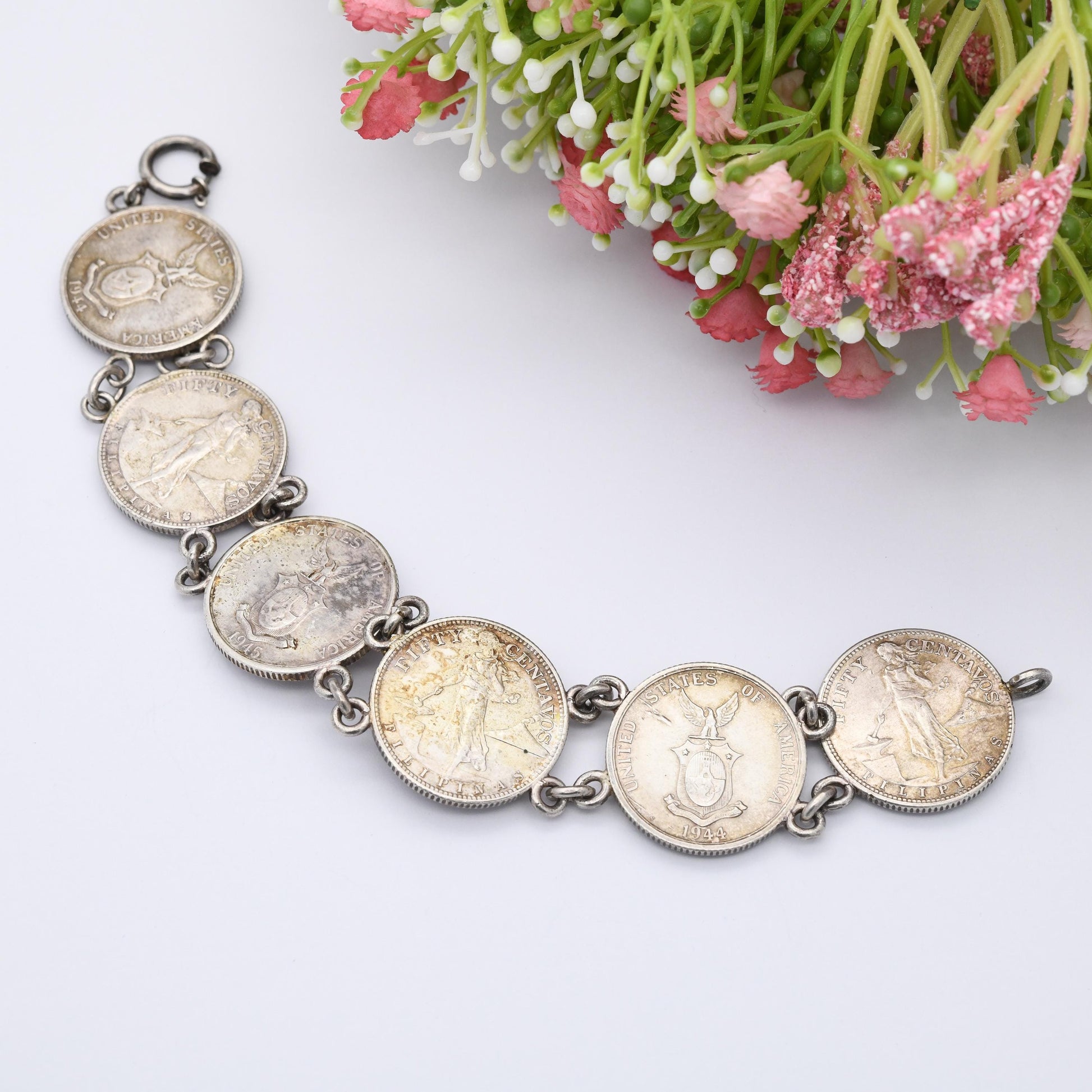 Vintage Silver Philippines 50 Centavos Coin Bracelet 1944 1945 - 750 Silver Coin Jewellery | 9"