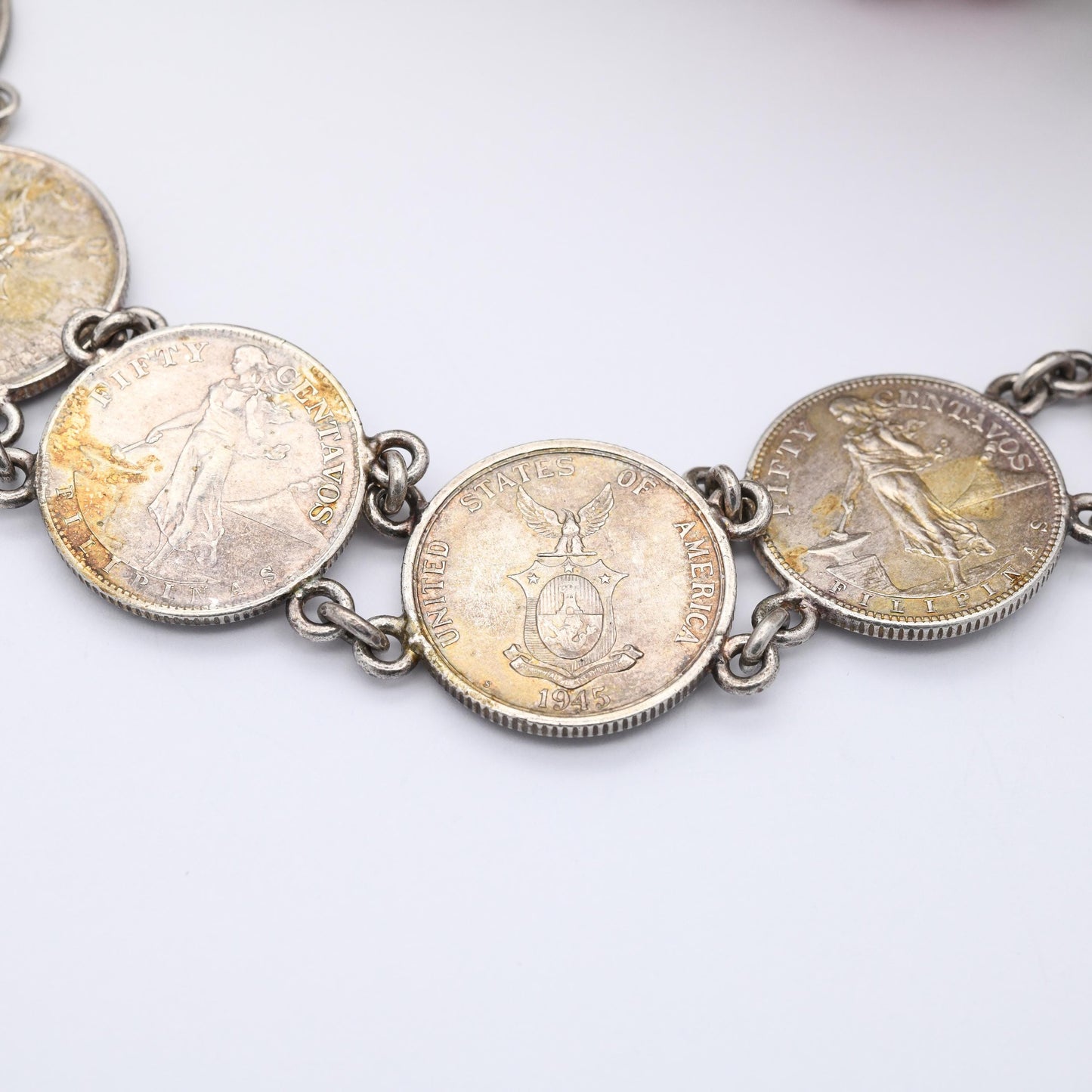 Vintage Silver Philippines 50 Centavos Coin Bracelet 1944 1945 - 750 Silver Coin Jewellery | 9"