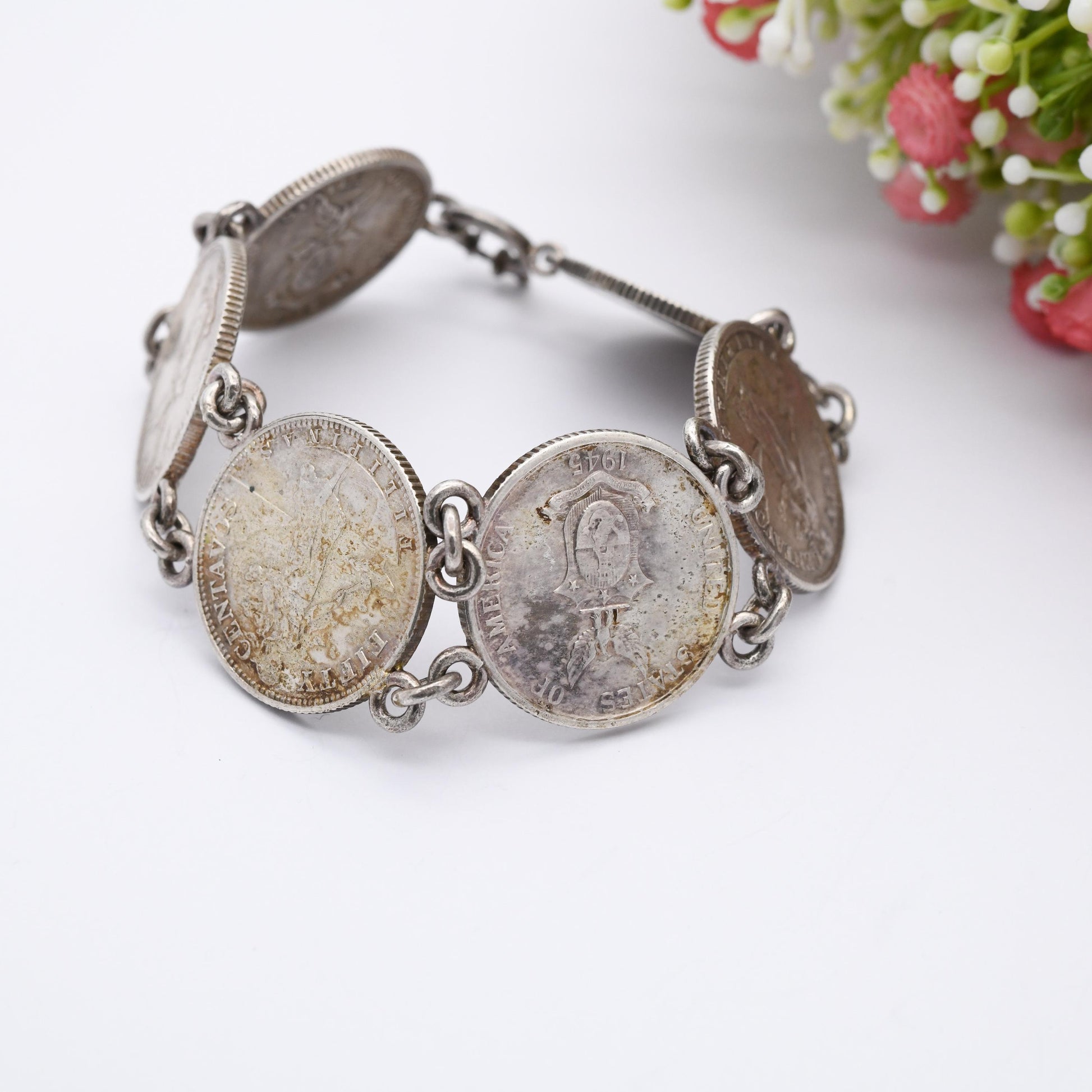 Vintage Silver Philippines 50 Centavos Coin Bracelet 1944 1945 - 750 Silver Coin Jewellery | 9"