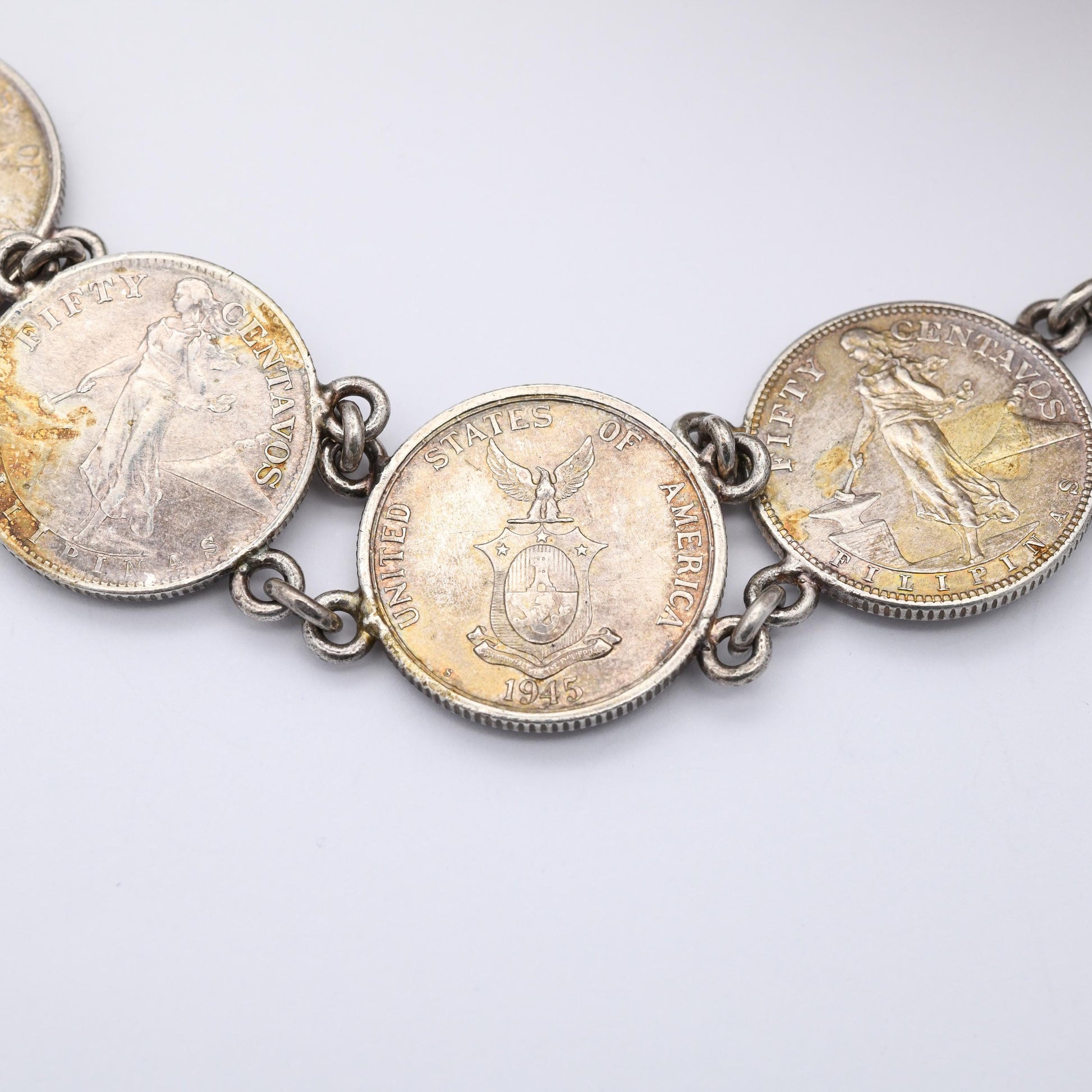Vintage Silver Philippines 50 Centavos Coin Bracelet 1944 1945 - 750 Silver Coin Jewellery | 9"
