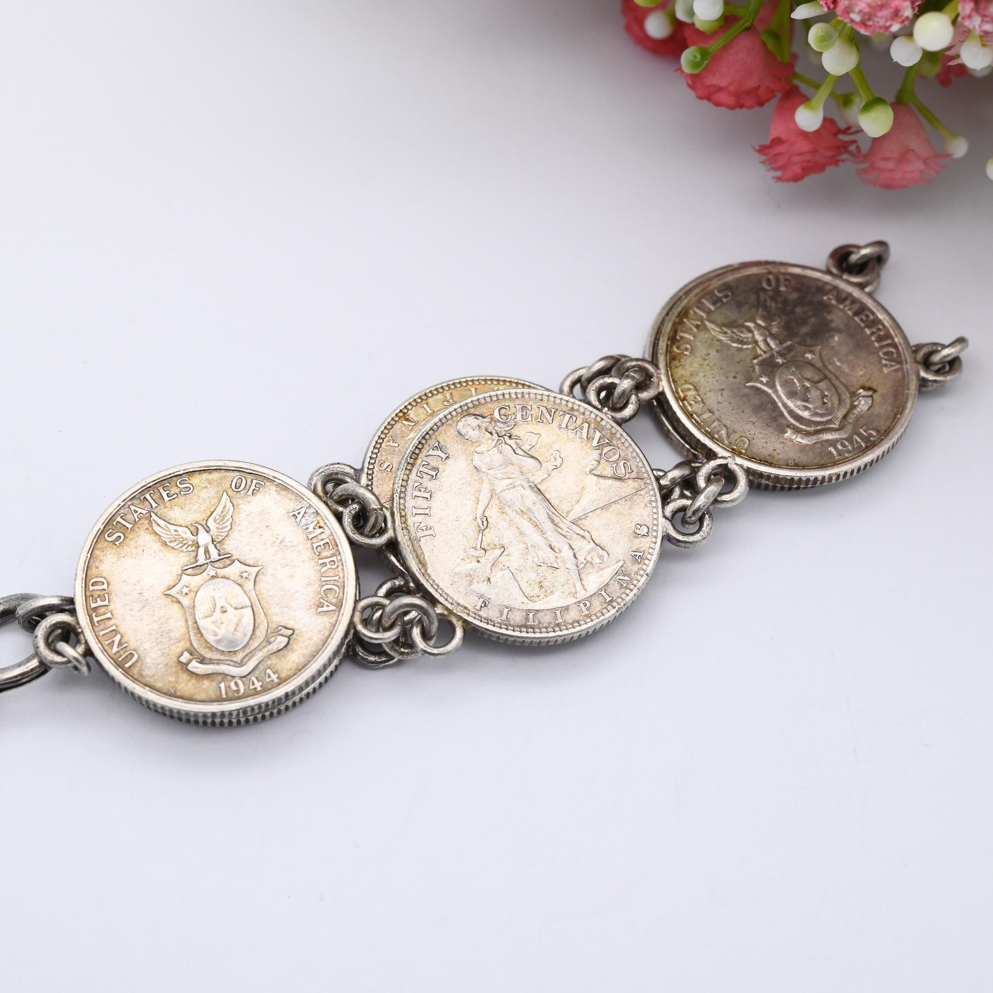 Vintage Silver Philippines 50 Centavos Coin Bracelet 1944 1945 - 750 Silver Coin Jewellery | 9"