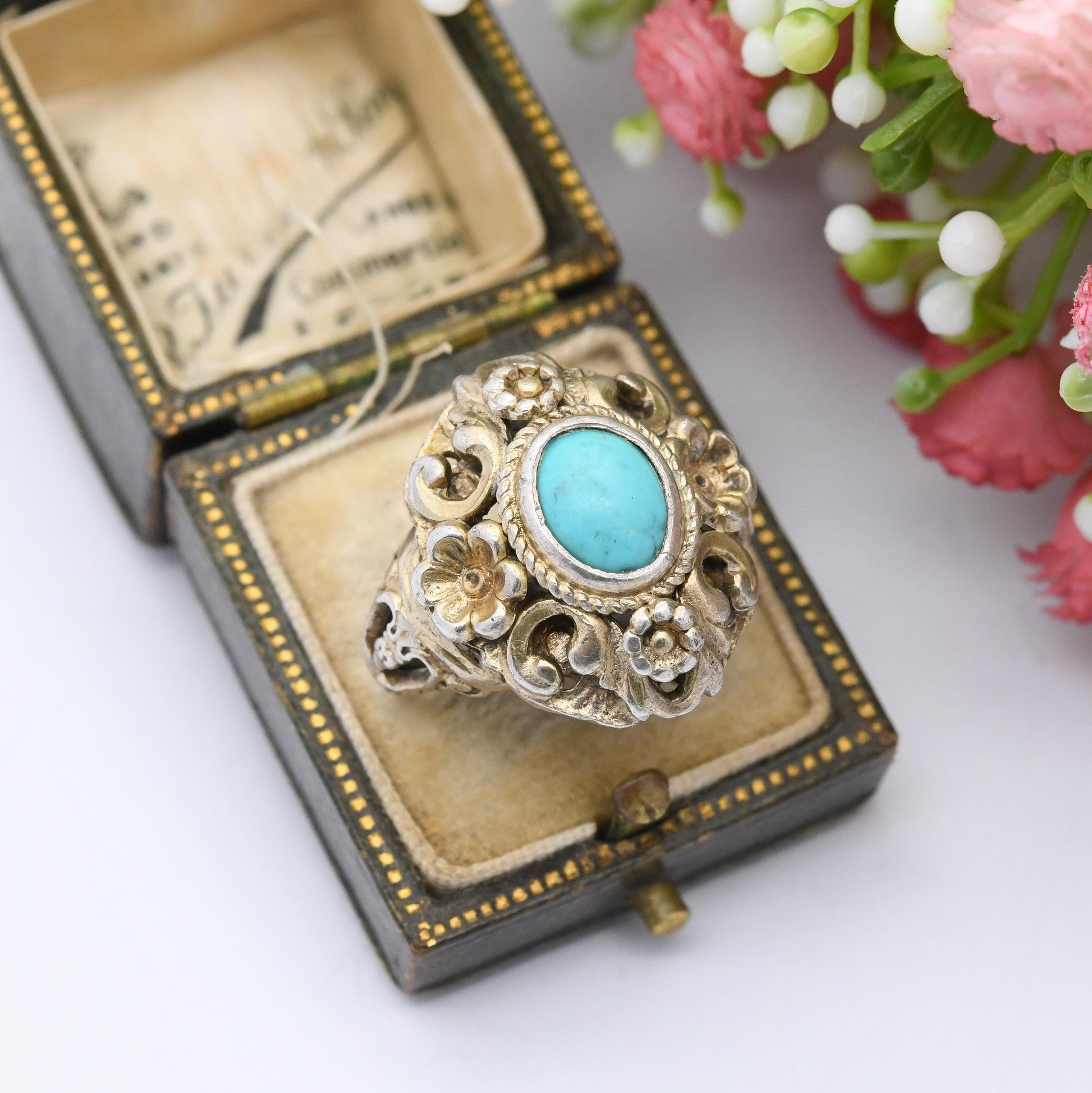 Antique Austro-Hungarian Sterling Silver Turquoise Ring c. 1900 - Ornate Statement Dress Ring | UK Size - O | US Size - 7 1/2